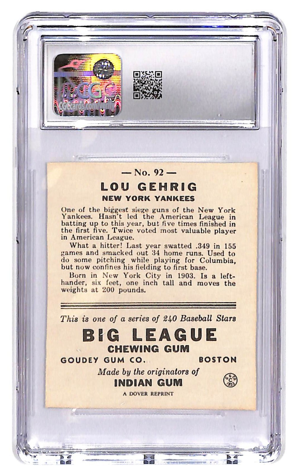 1977 Lou Gehrig Dover Classic Reprints #92 '33 Goudey CGC Authentic Altered