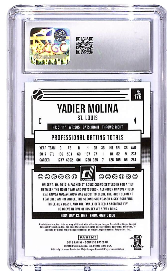 2018 Donruss Yadier Molina Nickname Teal Border /199 #176 CGC 10 Cardinals