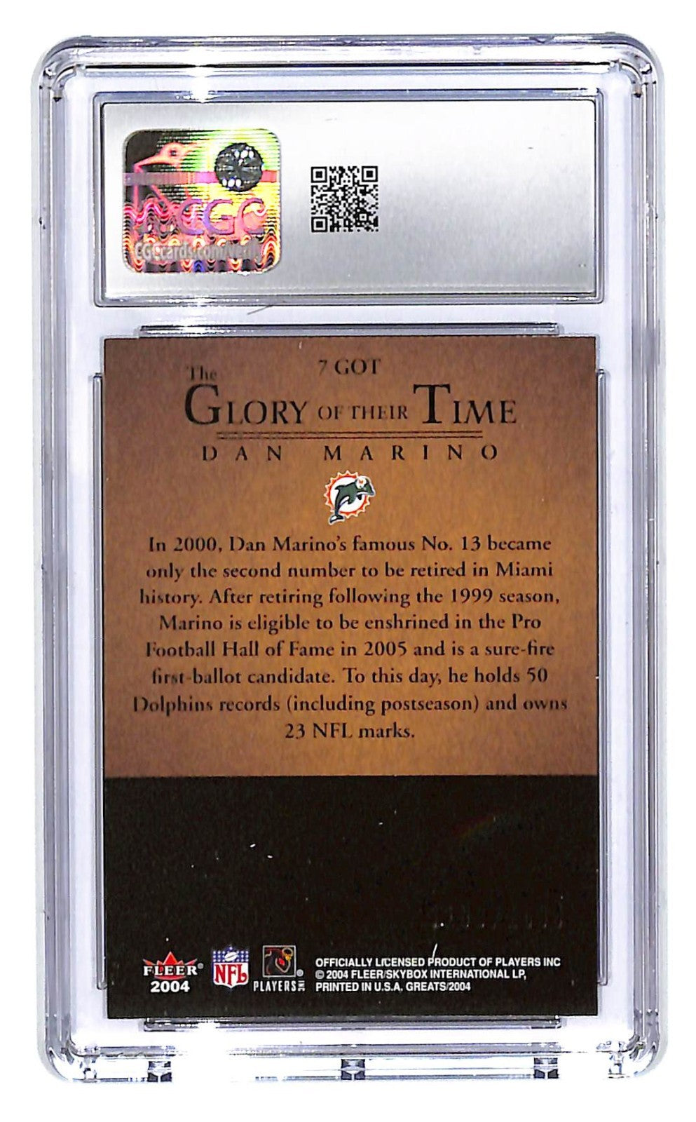 2004 Dan Marino Fleer Greats of the Game - #7GOT CGC Mint Plus 9.5