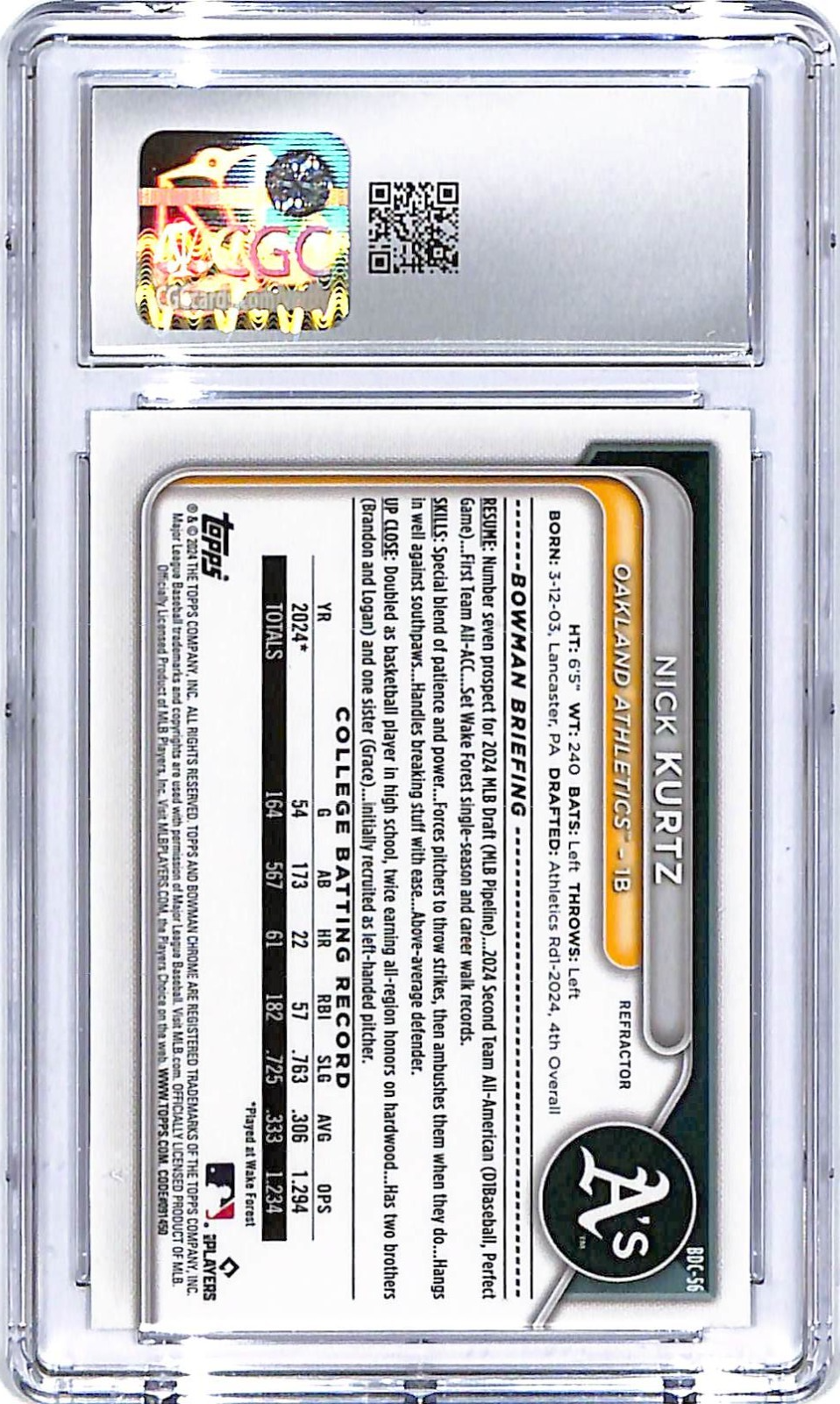 2024 Bowman Draft Chrome Nick Kurtz Rookie RC Refractor CGC 9.5 Athletics