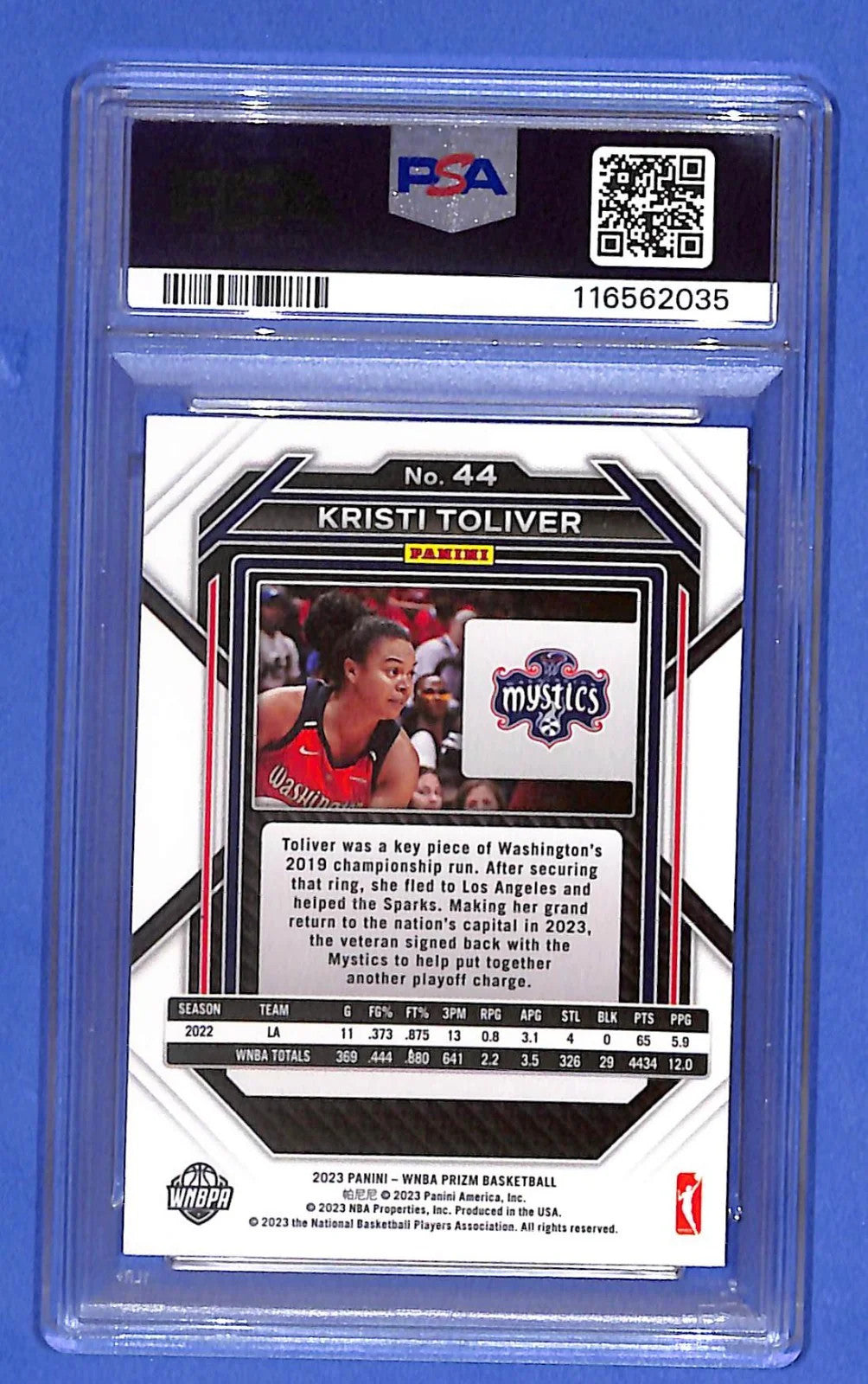 Signed 2023 Panini Prizm WNBA Kristi Toliver #44 PSA/DNA Certified Authentic