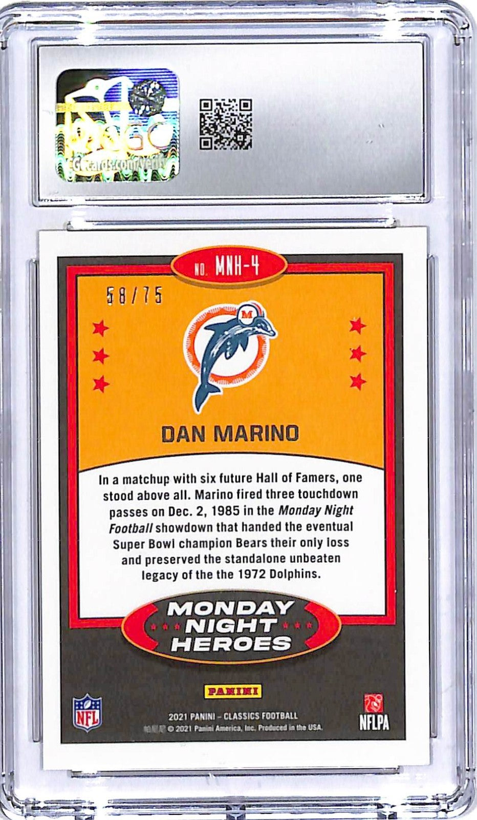 2021 Classics Dan Marino Monday Night Heroes Gold /75 CGC 10 Dolphins