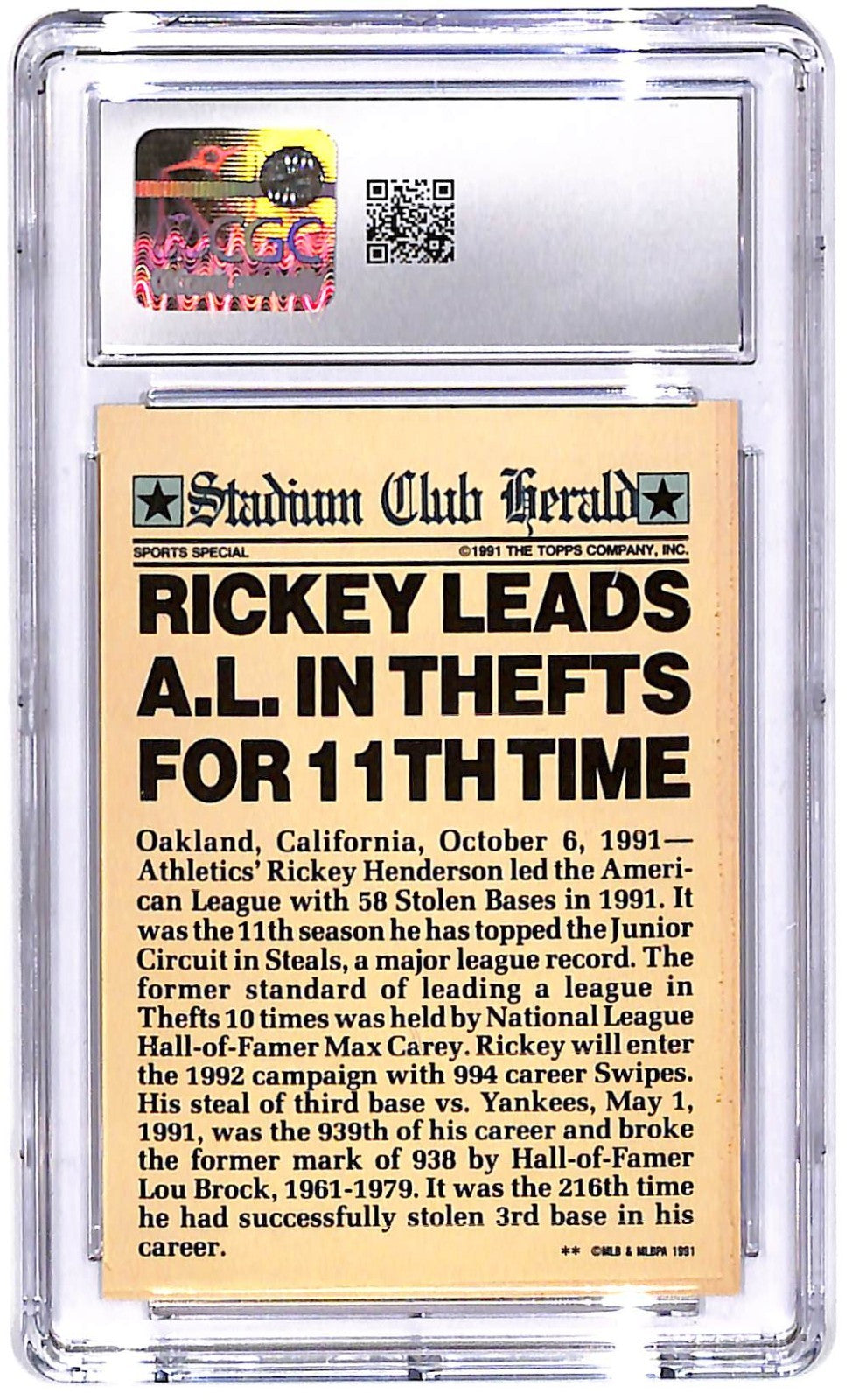 1991 Topps Stadium Club Members Only - Rickey Henderson Running CGC Mint 10