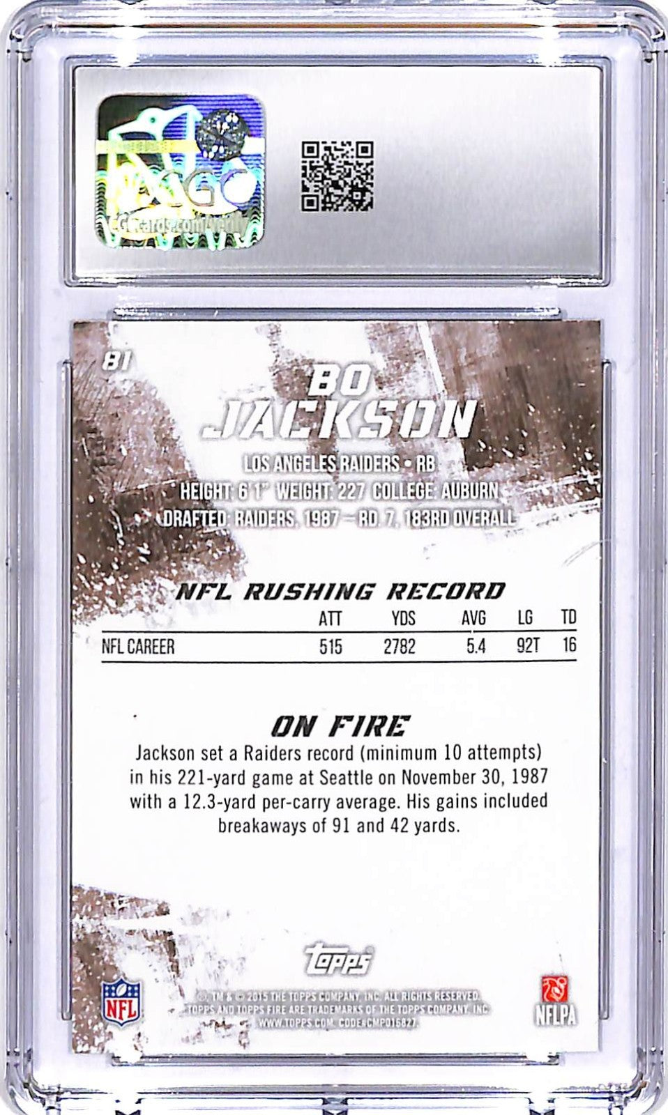 2015 Topps Fire Bo Jackson #81 CGC 10 Raiders