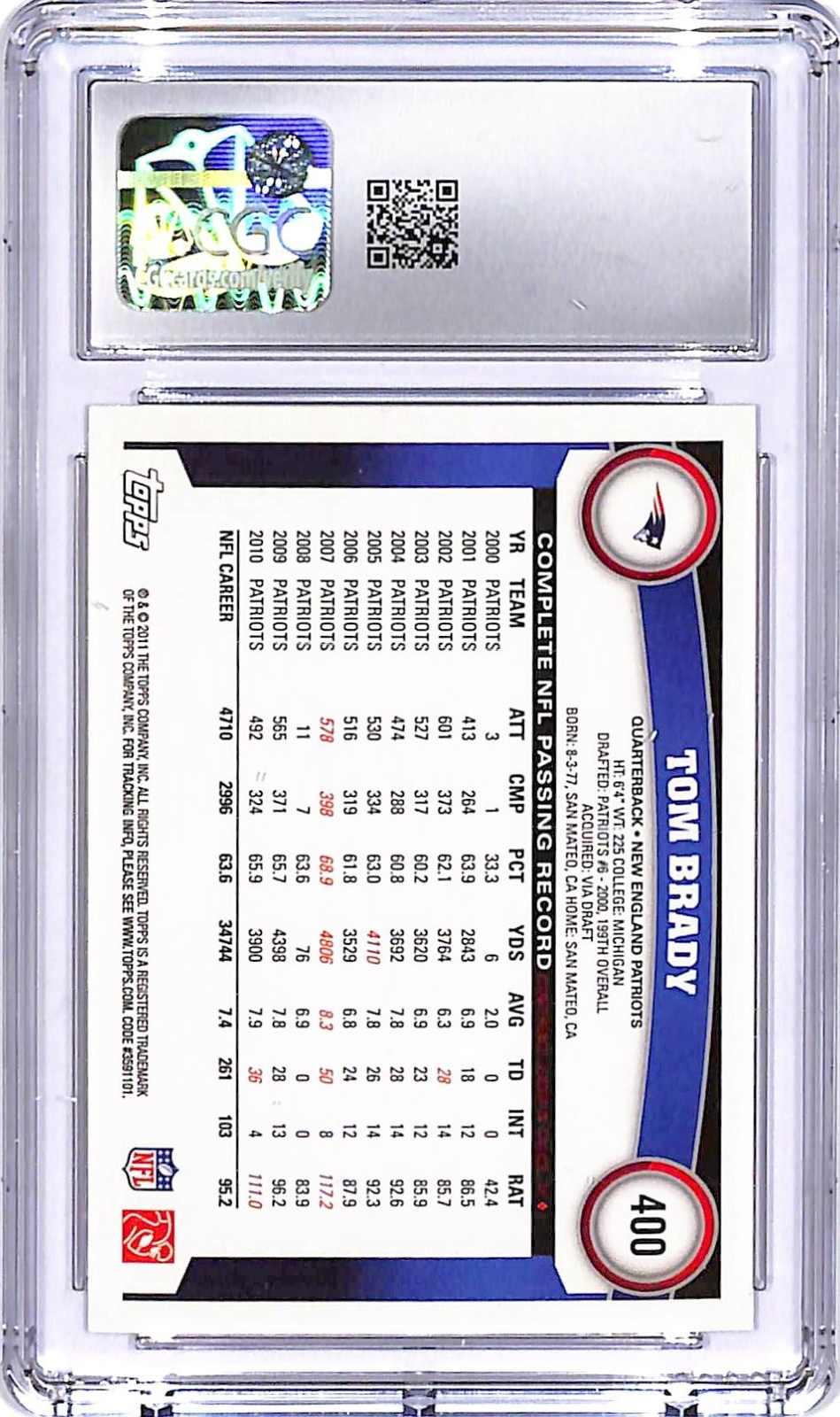 2011 Topps Tom Brady #400 CGC 9 Patriots