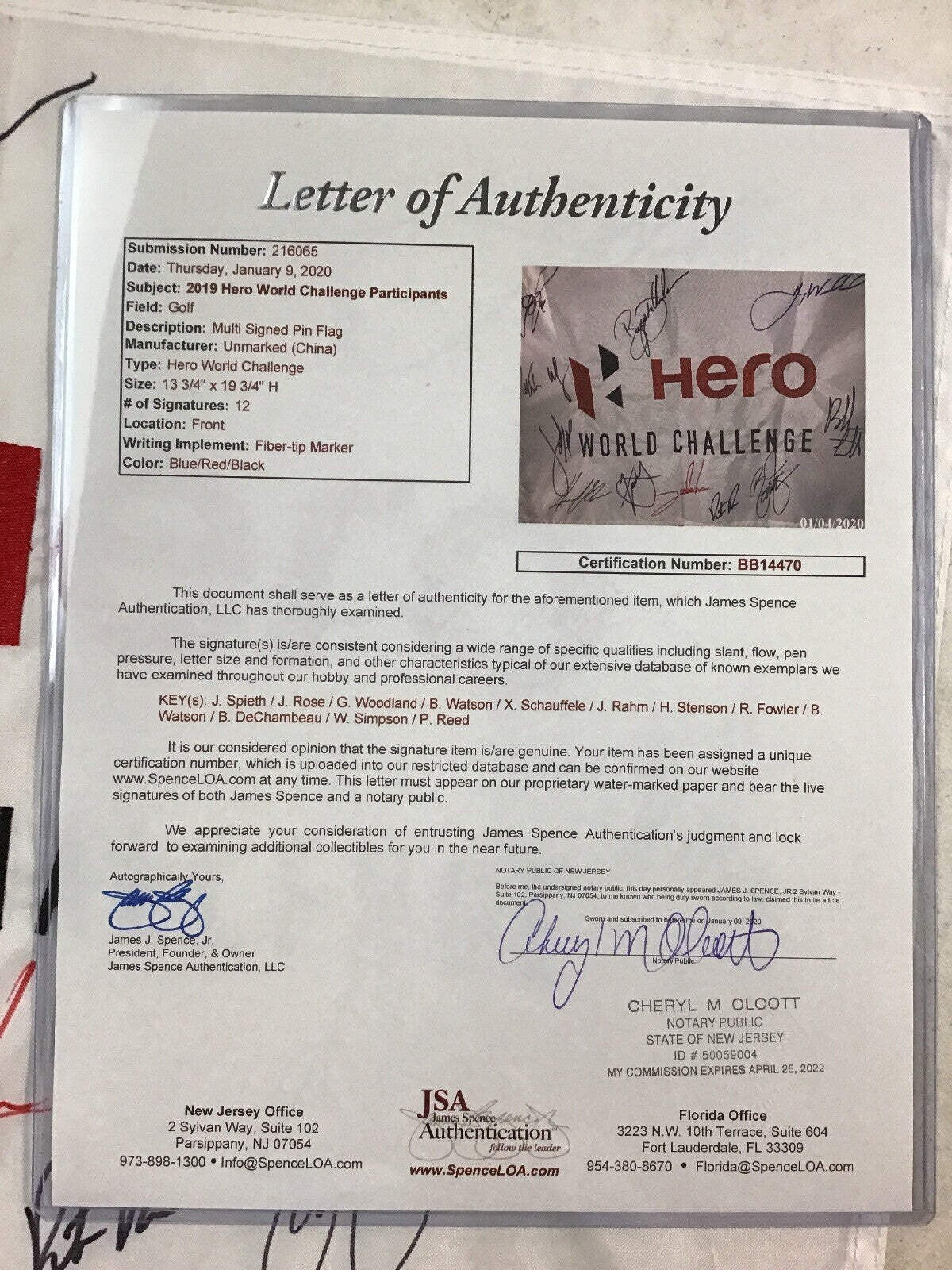 2019 Hero World Challenge Signed Golf Flag JSA COA - Spieth Rose Watson Woodland