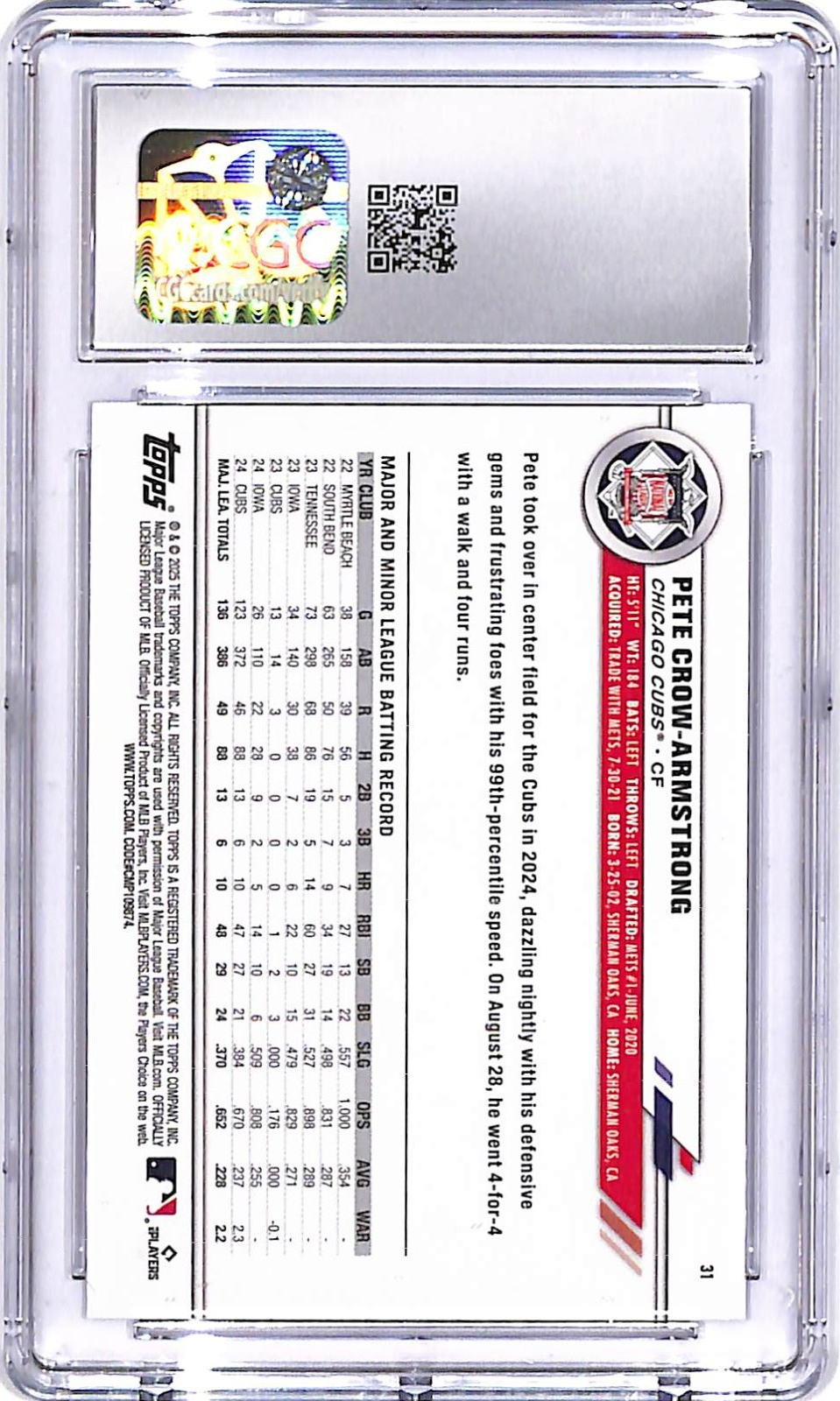 2025 Topps All Star Game Pete Crow-Armstrong Purple Foil /75 CGC 10 Cubs