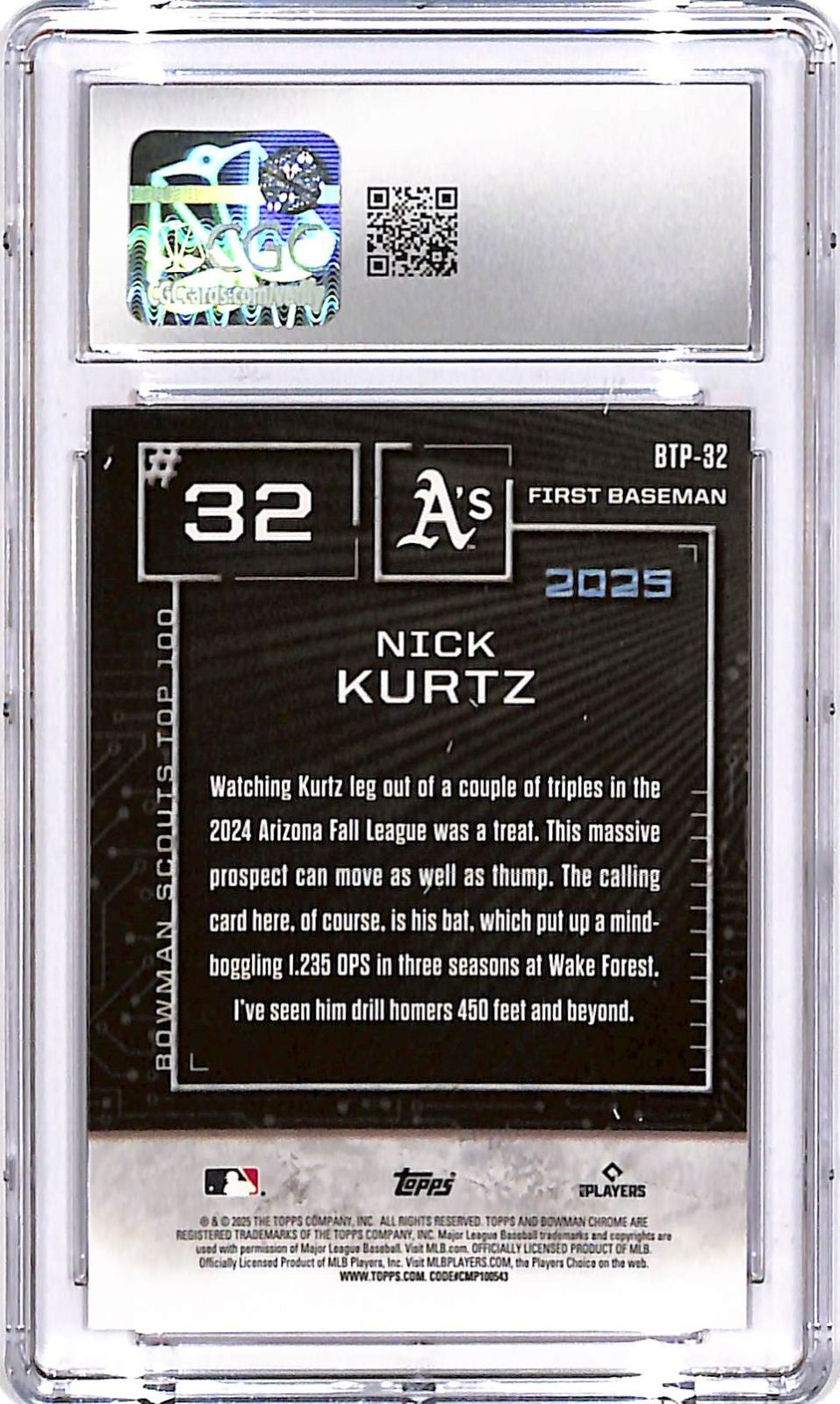 2025 Bowman Chrome Nick Kurtz Scouts Top 100 Orange Refractor /25 CGC 9 Rookie
