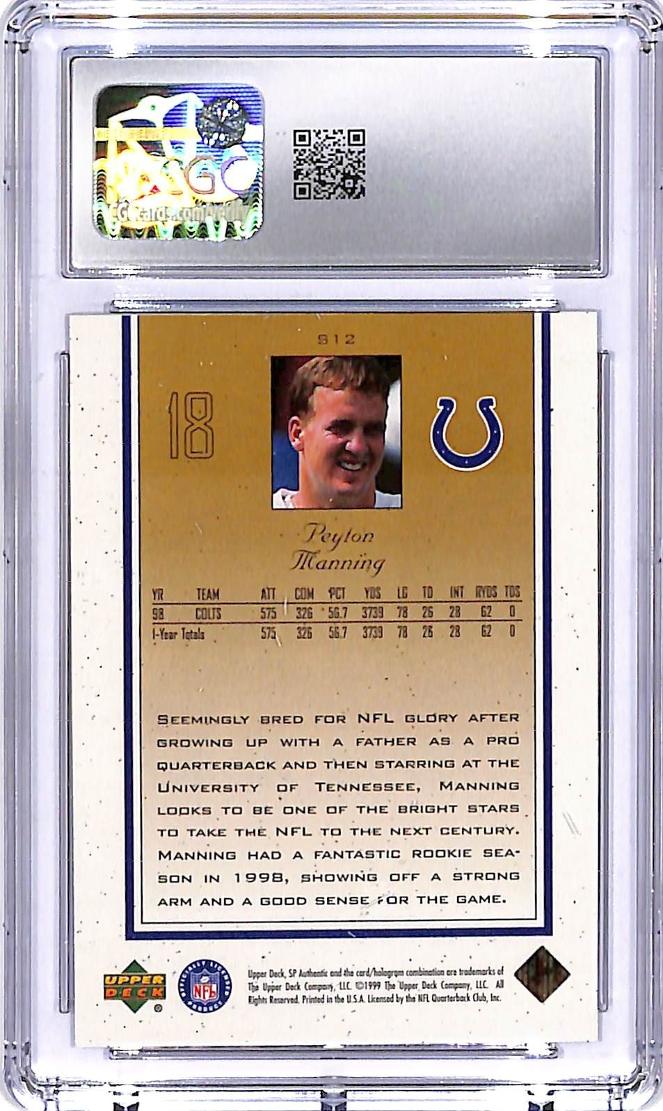 1999 SP Authentic Peyton Manning Supremacy CGC 9.5 Colts