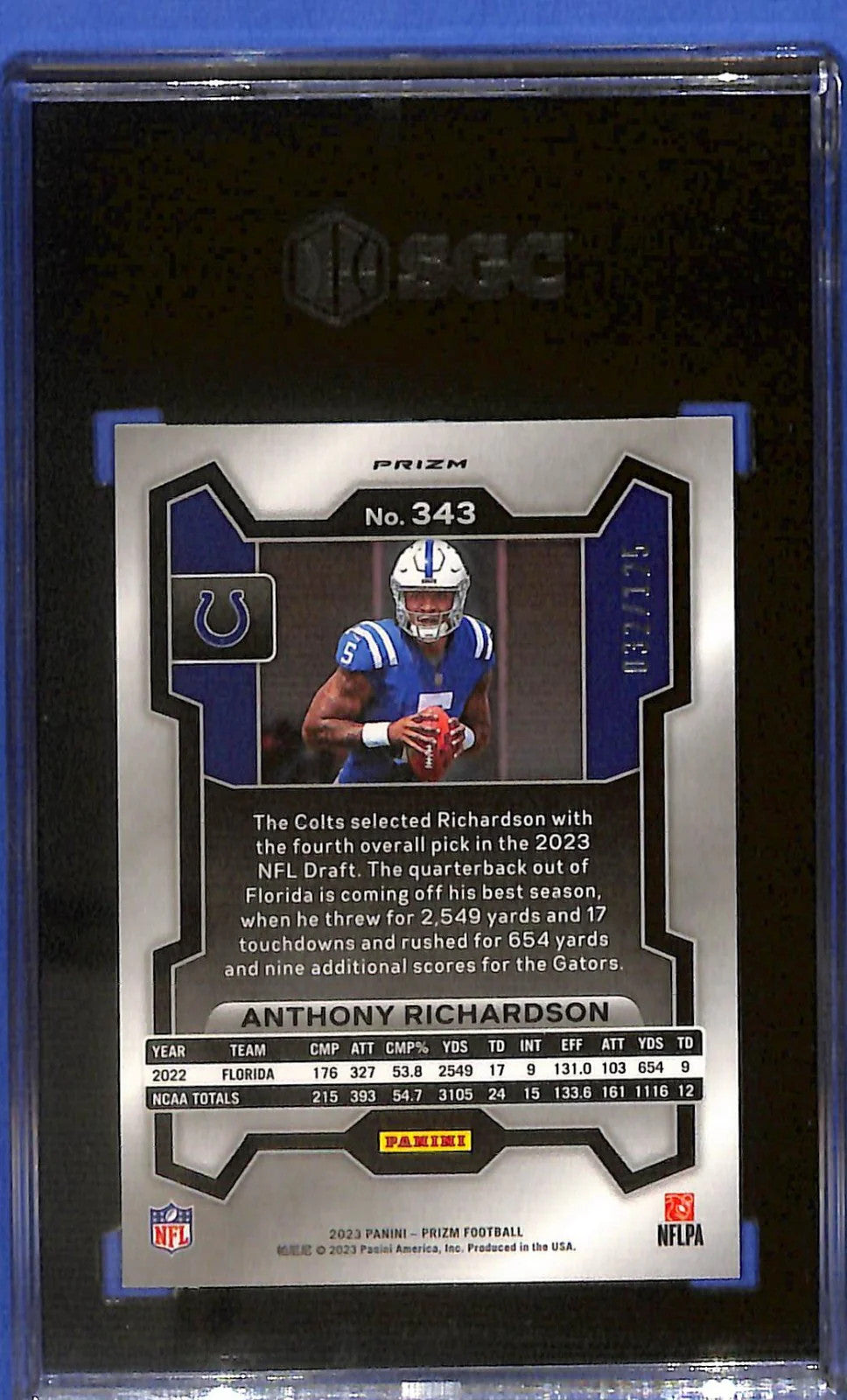 2023 Prizm Anthony Richardson Rookie RC Purple SGC 9.5 /125 Colts #343