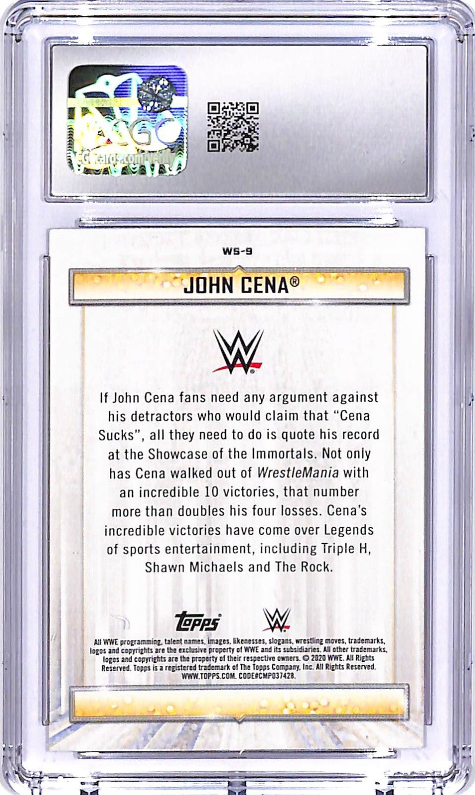 2020 Topps Road To Wrestlemania John Cena Winningest Superstars #9 CGC 10