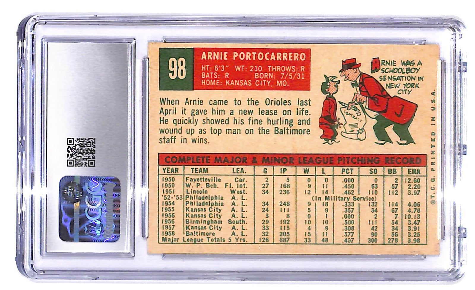 1959 Topps - Arnie Portocarrero #98 CGC 7.5 Baltimore Orioles