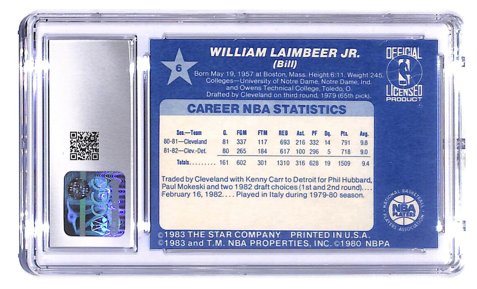 1983 Star NBA All-Star Game - Bill Laimbeer #6 CGC 7 NM East All-Star  Pistons