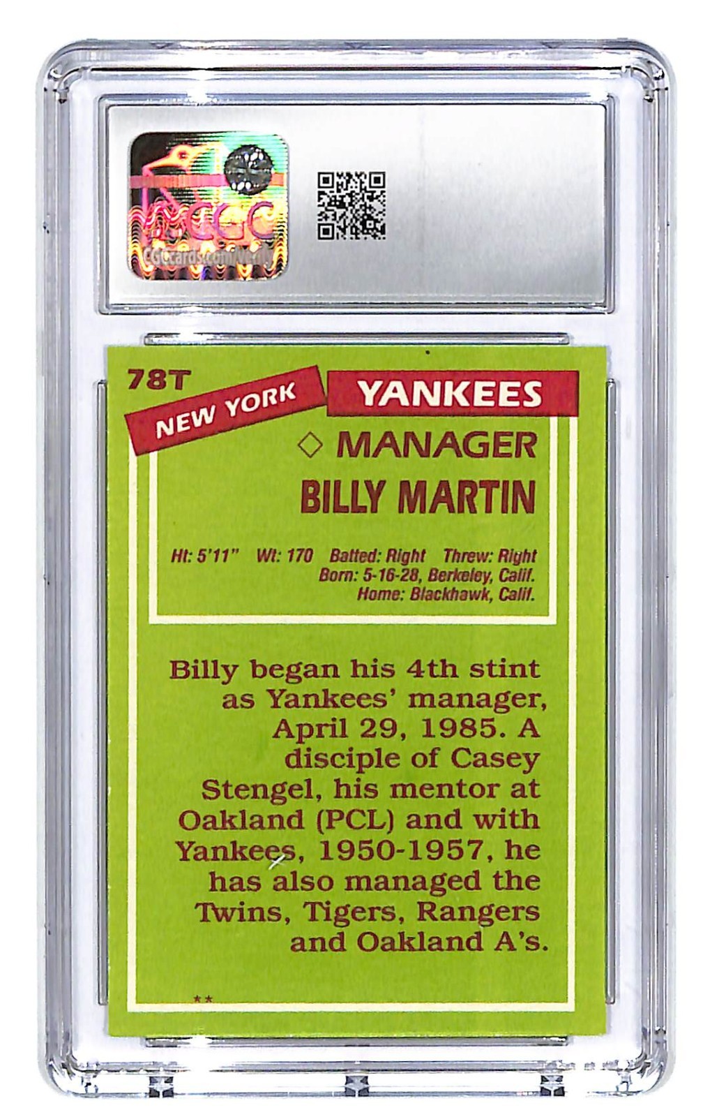 1985 Billy Martin Topps Traded - #78T CGC Mint Plus 9.5