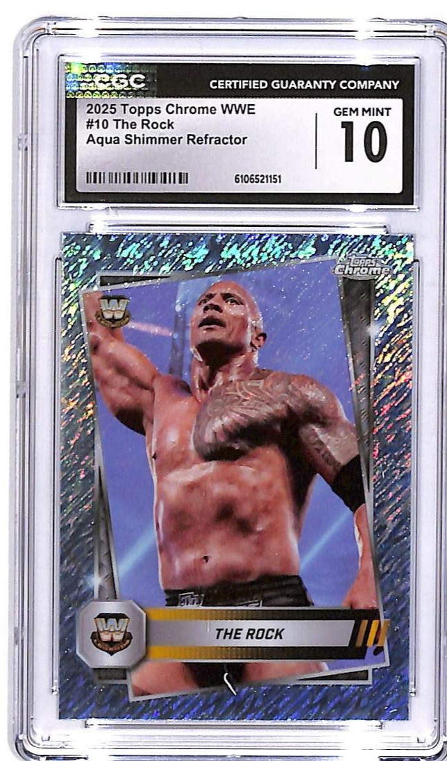 2025 Topps Chrome WWE The Rock Aqua Shimmer /199 CGC 10