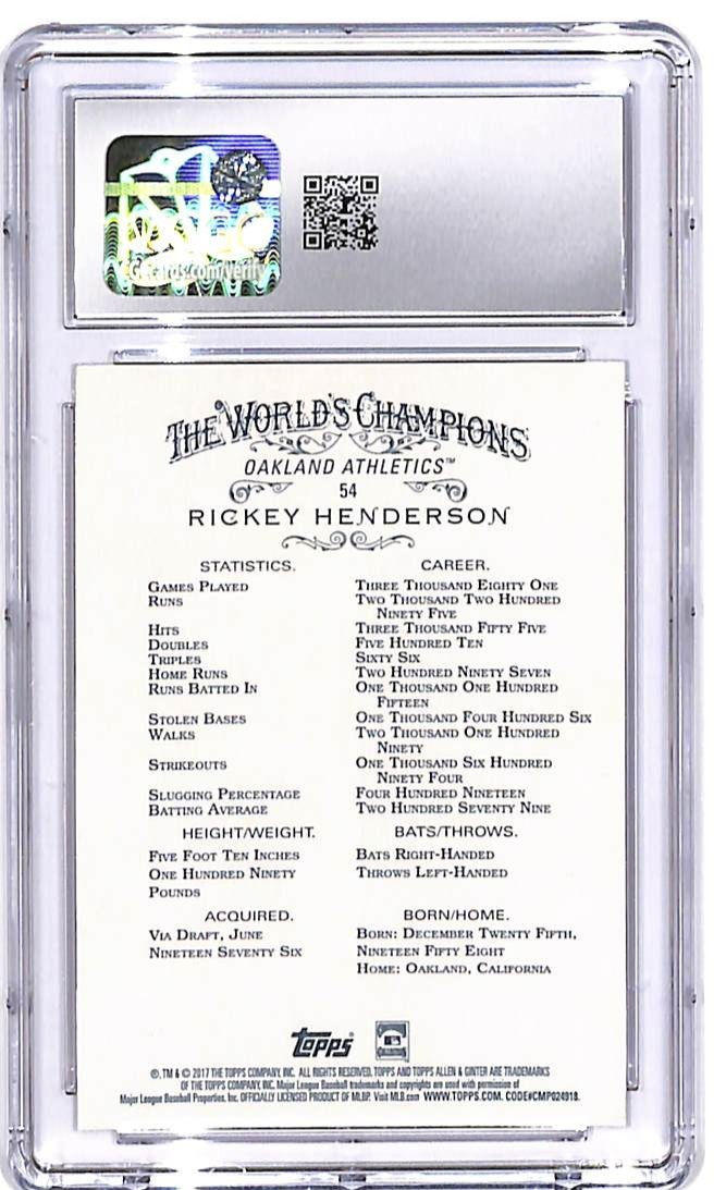 2017 Topps Allen and Ginter Rickey Henderson #54 CGC 10 Athletics