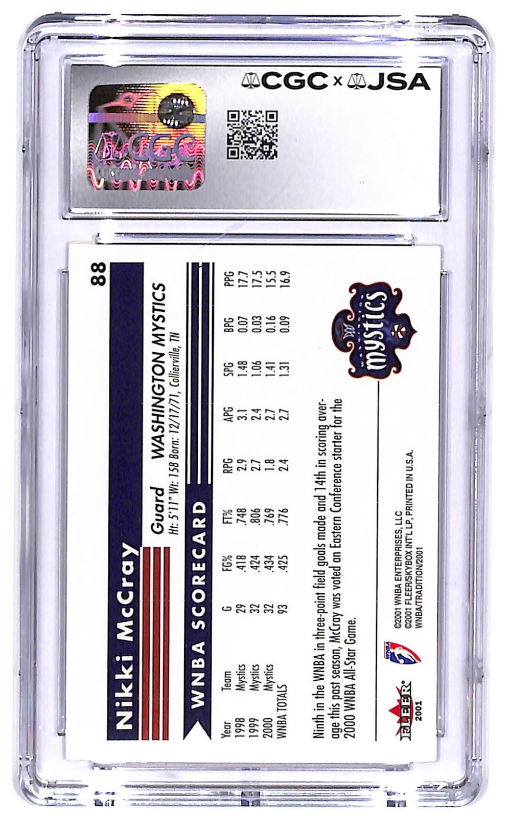 2001 Nikki McCray Fleer Tradition WNBA Auto #88 CGC 8 - JSA Authentic Auto 9