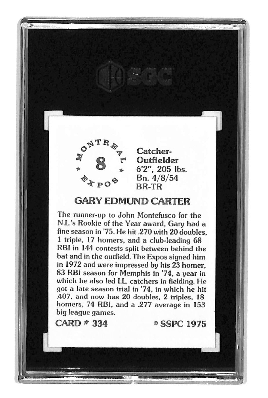 1976 SSPC - Gary Carter #334 SGC 9.5 Rookie Card Montreal Expos (HOF)