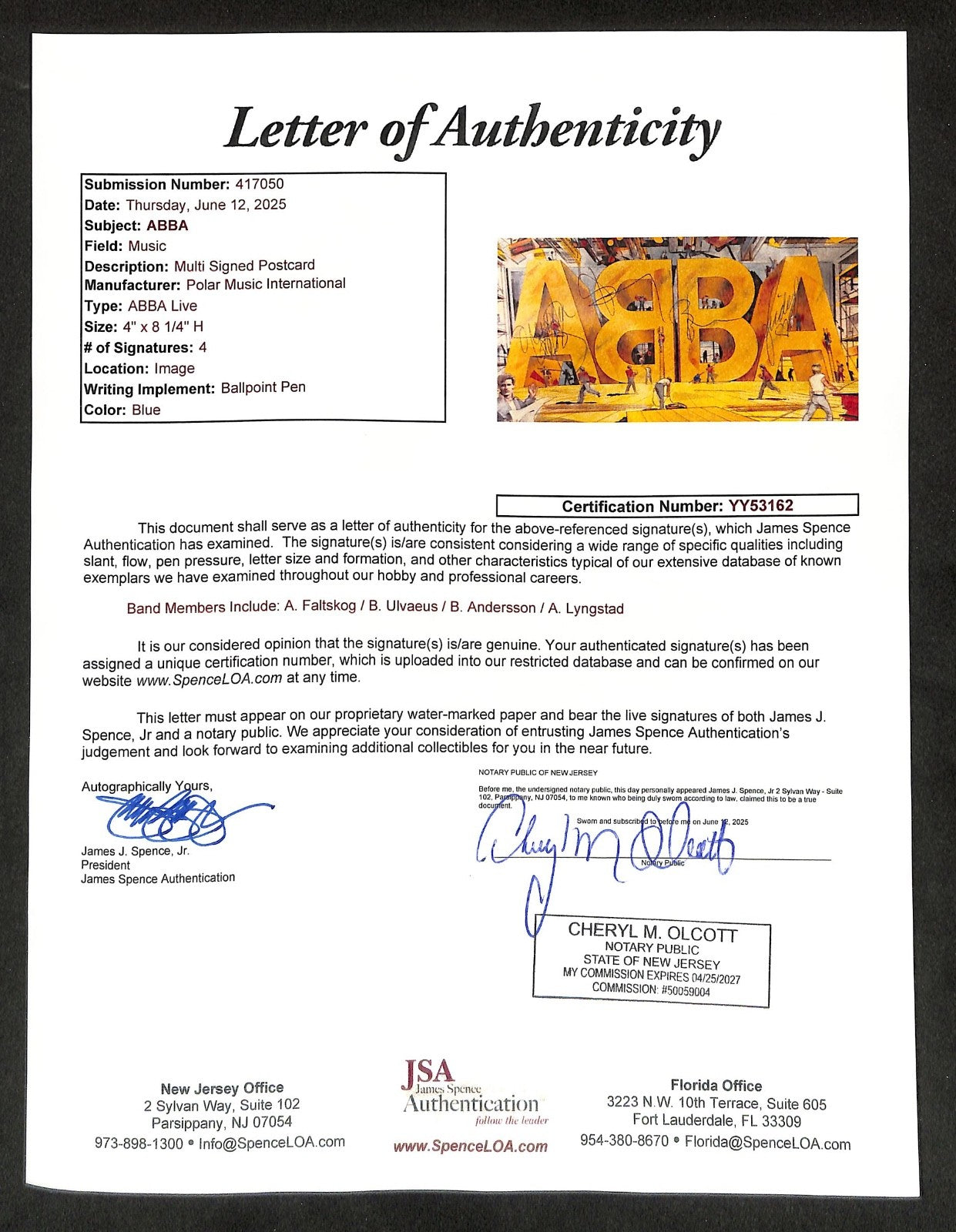 ABBA 8.25"x4" Postcard Autograph JSA Authentic