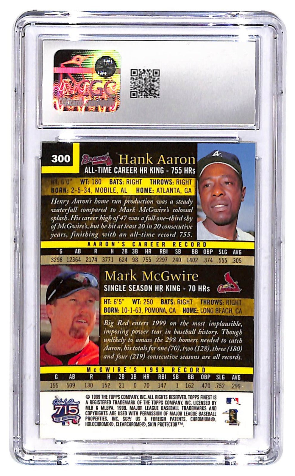 1999 Mark McGwire/Hank Aaron Topps Finest Home Run Kings  #300 CGC Gem Mint 10