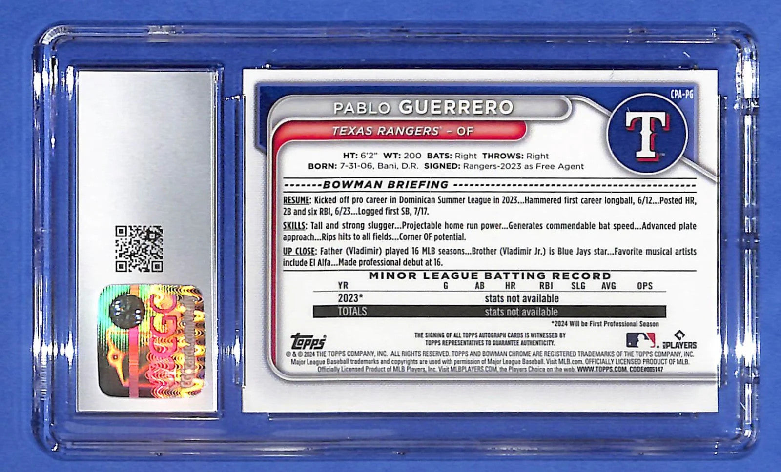 2024 Bowman Chrome - Prospect Autographs Pablo Guerrero #CPA-PG (AU, RC) CGC 10