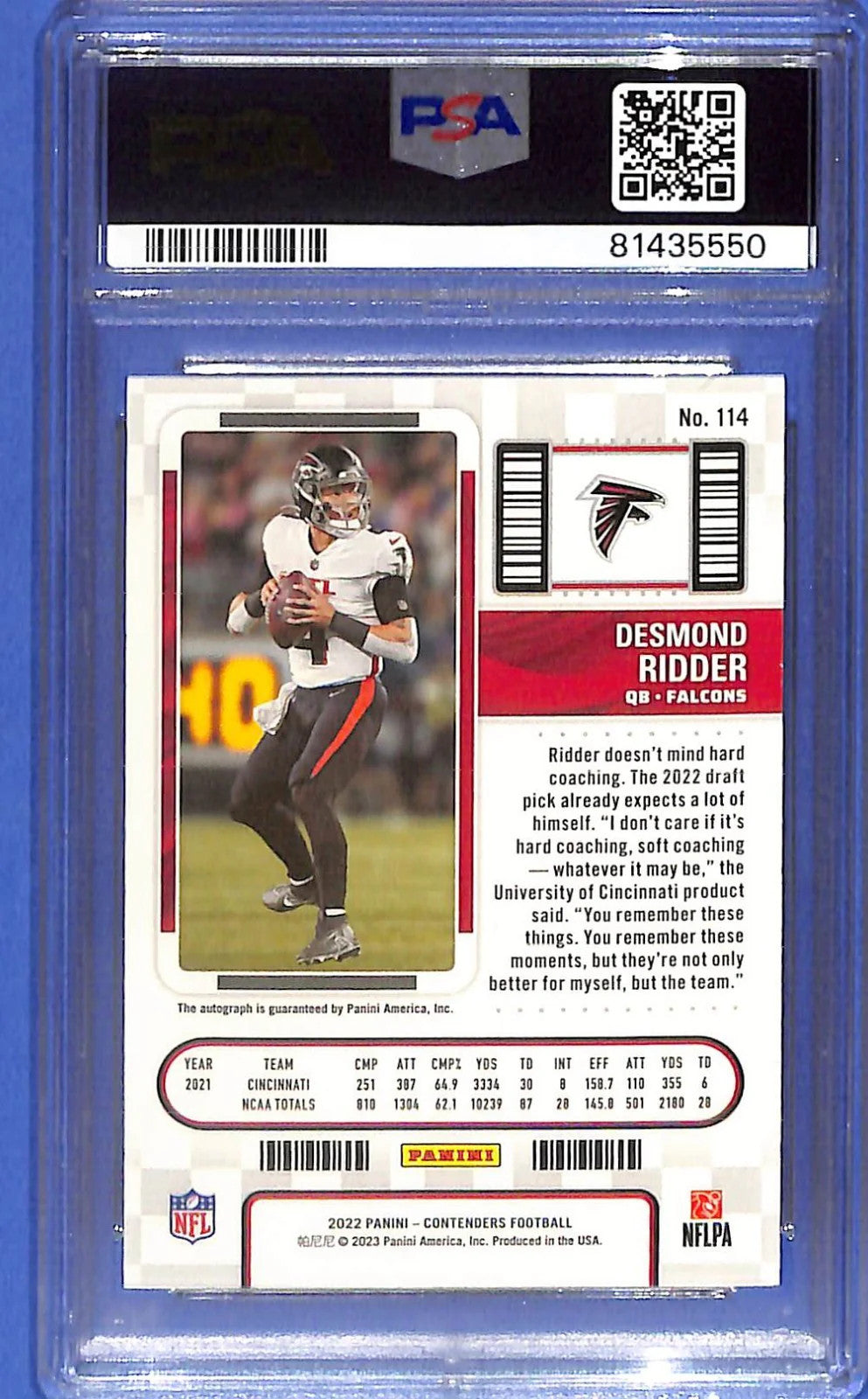 2022 Contenders Desmond Ridder Auto Autograph Rookie RC PSA 10 #114 Falcons