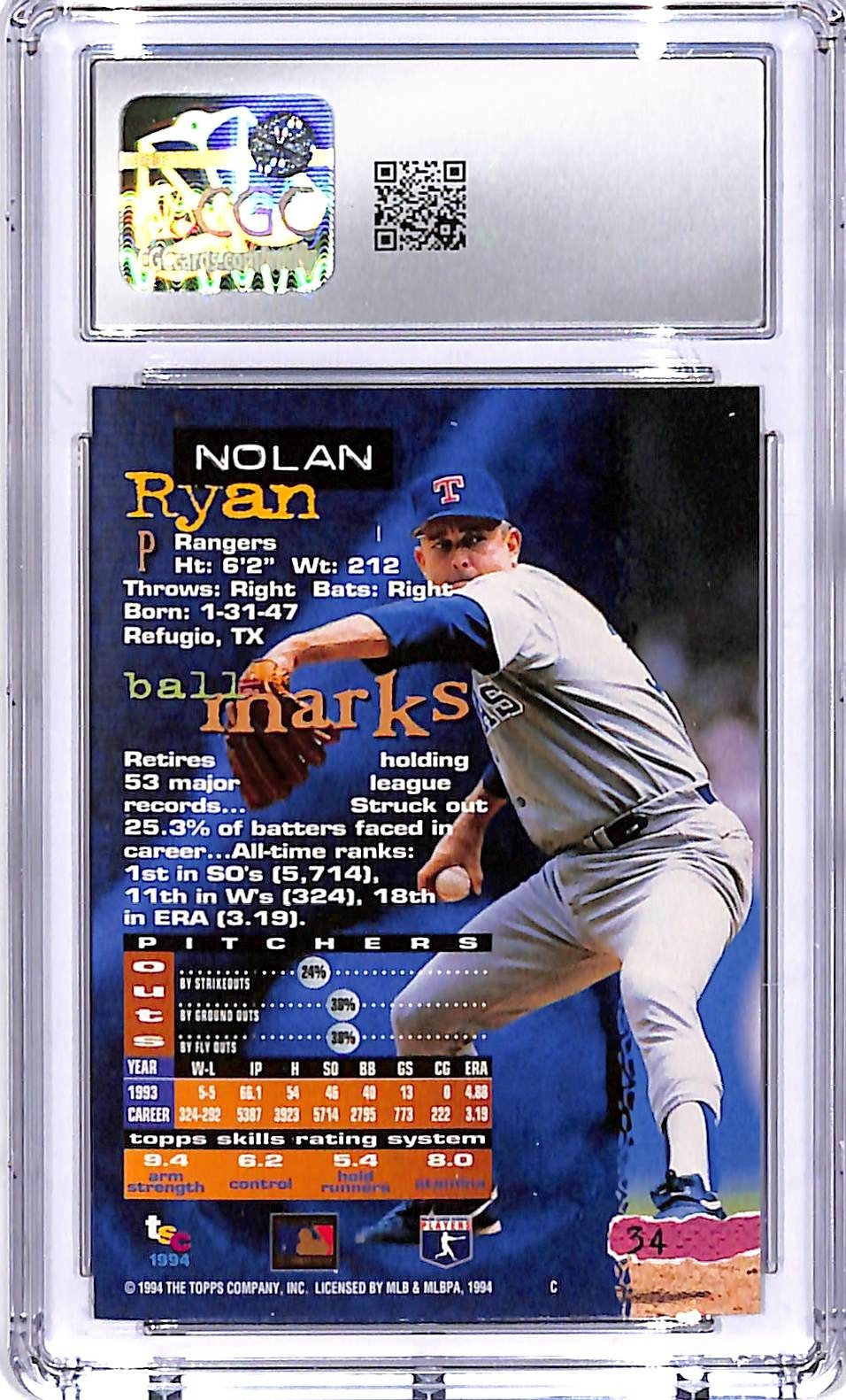 1994 Stadium Club Nolan Ryan #34 CGC 9.5 Rangers