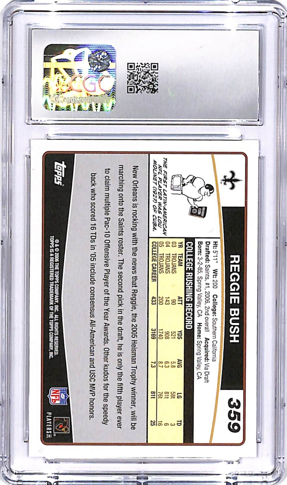 2006 Topps Reggie Bush Rookie RC #359 CGC 10 Saints
