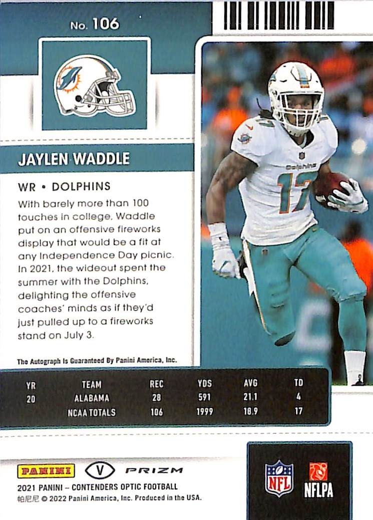 2021 Contenders Optic Jaylen Waddle Auto Autograph Rookie RC Silver Variation