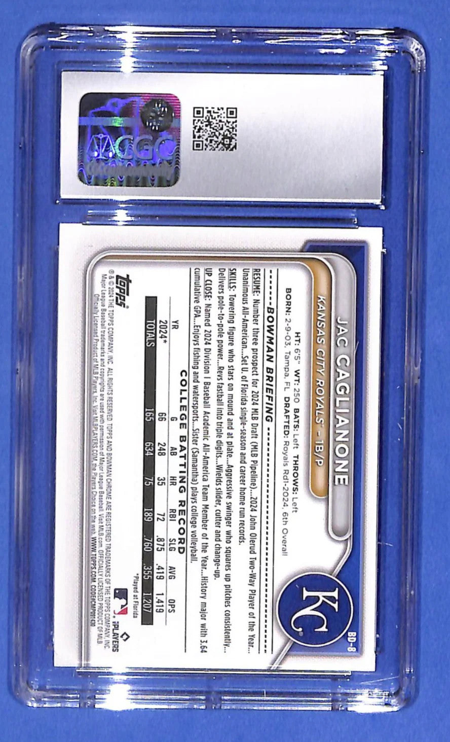 2024 Bowman Draft - Jac Caglianone #BD-8 (RC) CGC 10 Gem Mint K.C. Royals