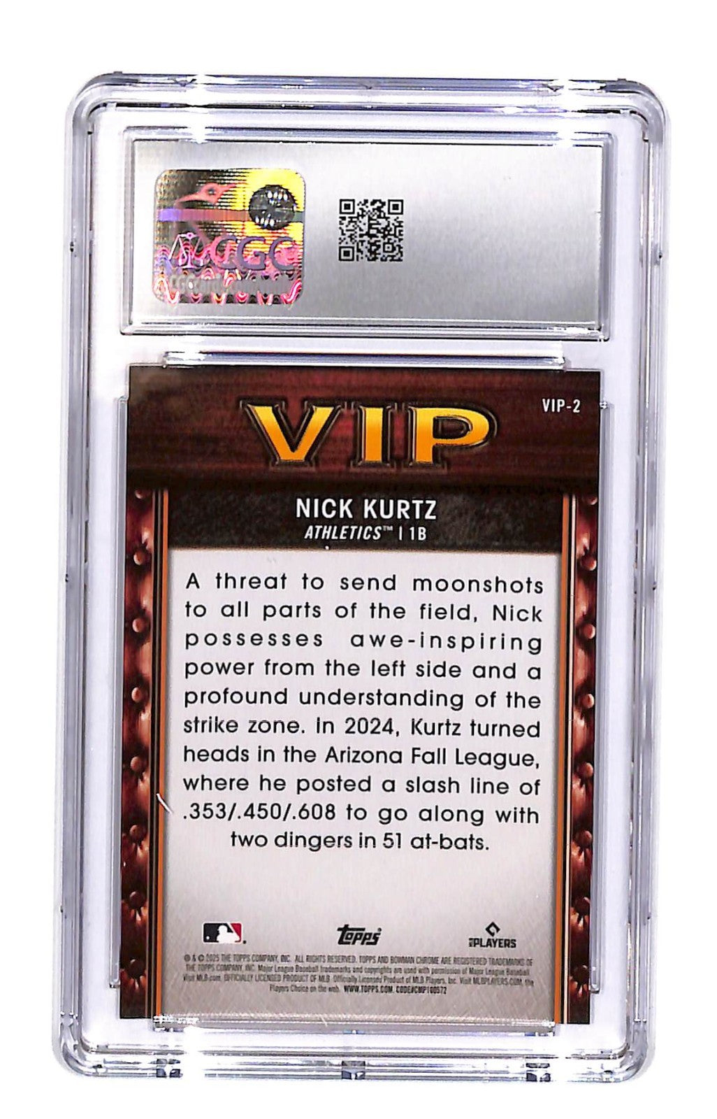 2025 Bowman Very Important Prospects Nick Kurtz #VIP-2 Orange #12/25 CGC 10 Oakland Athletics (ROY)