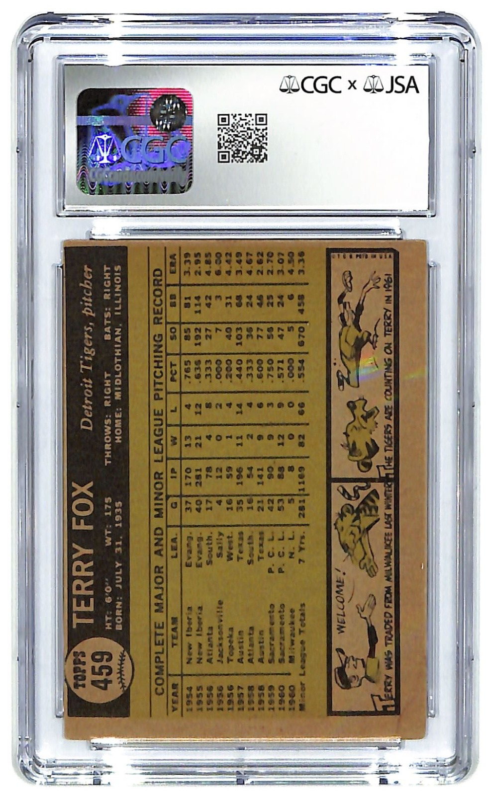 1961 Terry Fox Topps - #459 (RC) Tigers CGC 3.5 - JSA Authentic Auto 9