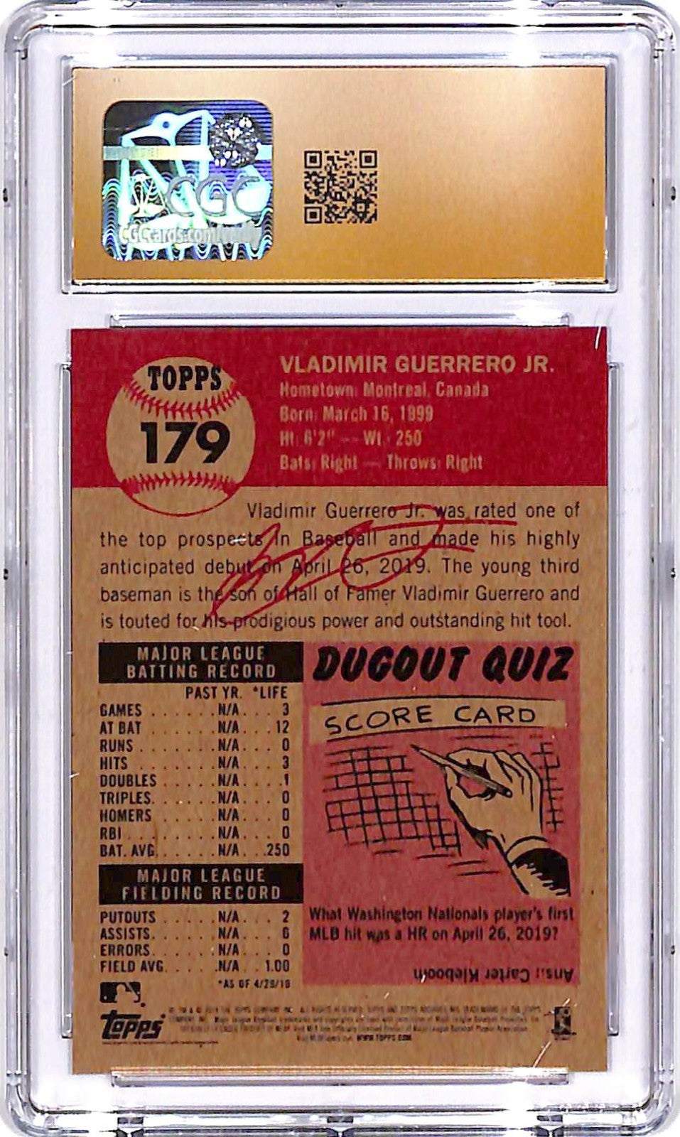 2019 Topps Living Set Vladimir Guerrero Jr Rookie RC #179 CGC 10 Pristine