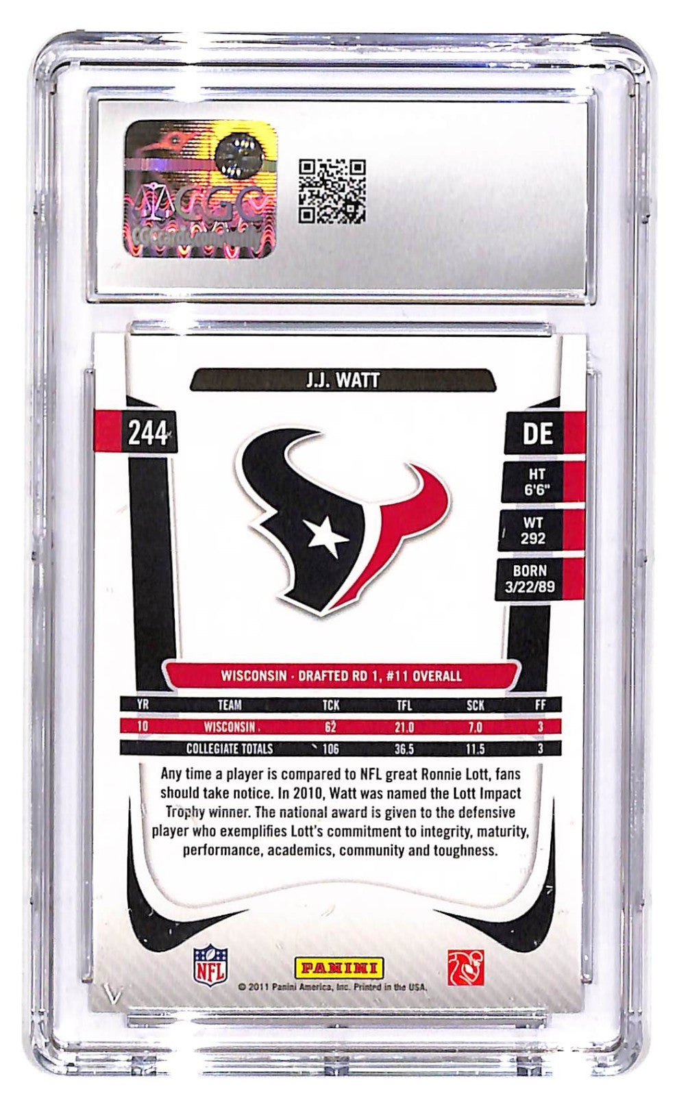2011 J.J. Watt Panini Prestige - Rookie  #244 (RC) CGC Gem Mint 10