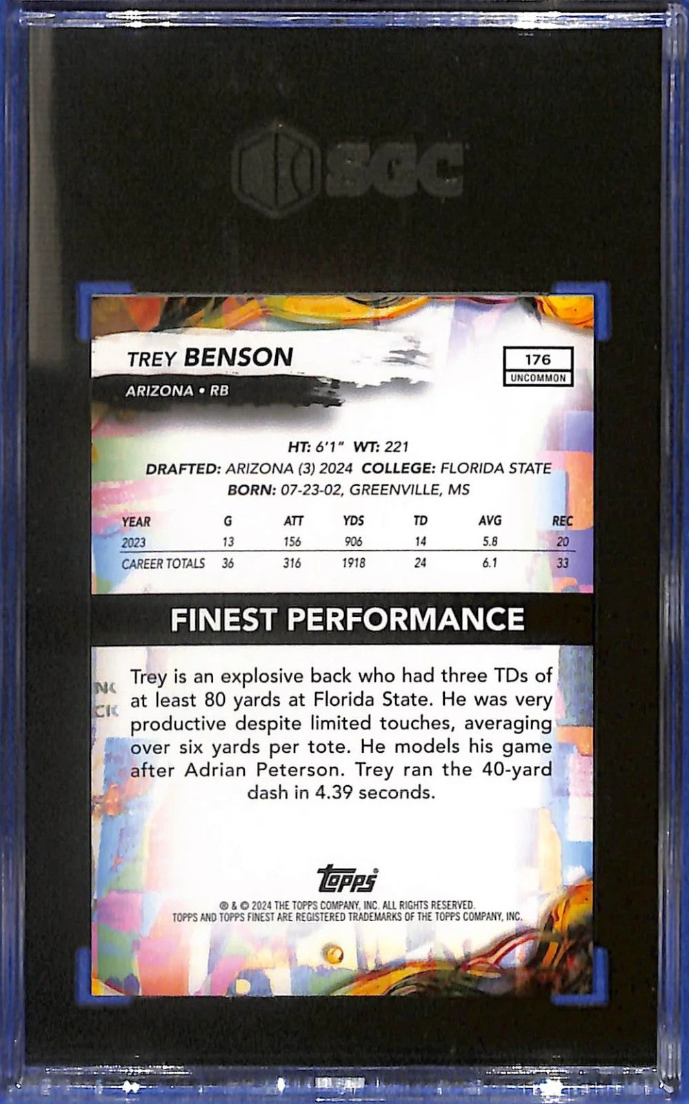 2024 Trey Benson Topps Finest #176 Black Refractor #14/20 (RC) SGC 8.5