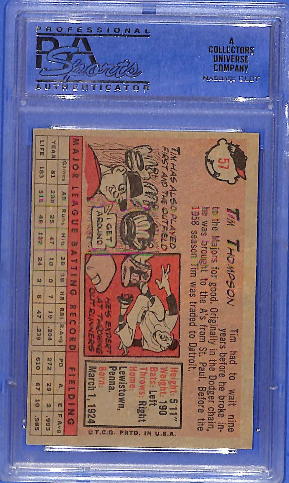 1958 Topps - Tim Thompson #57 Player Name in White (RC) PSA 8 Detroit Tigers