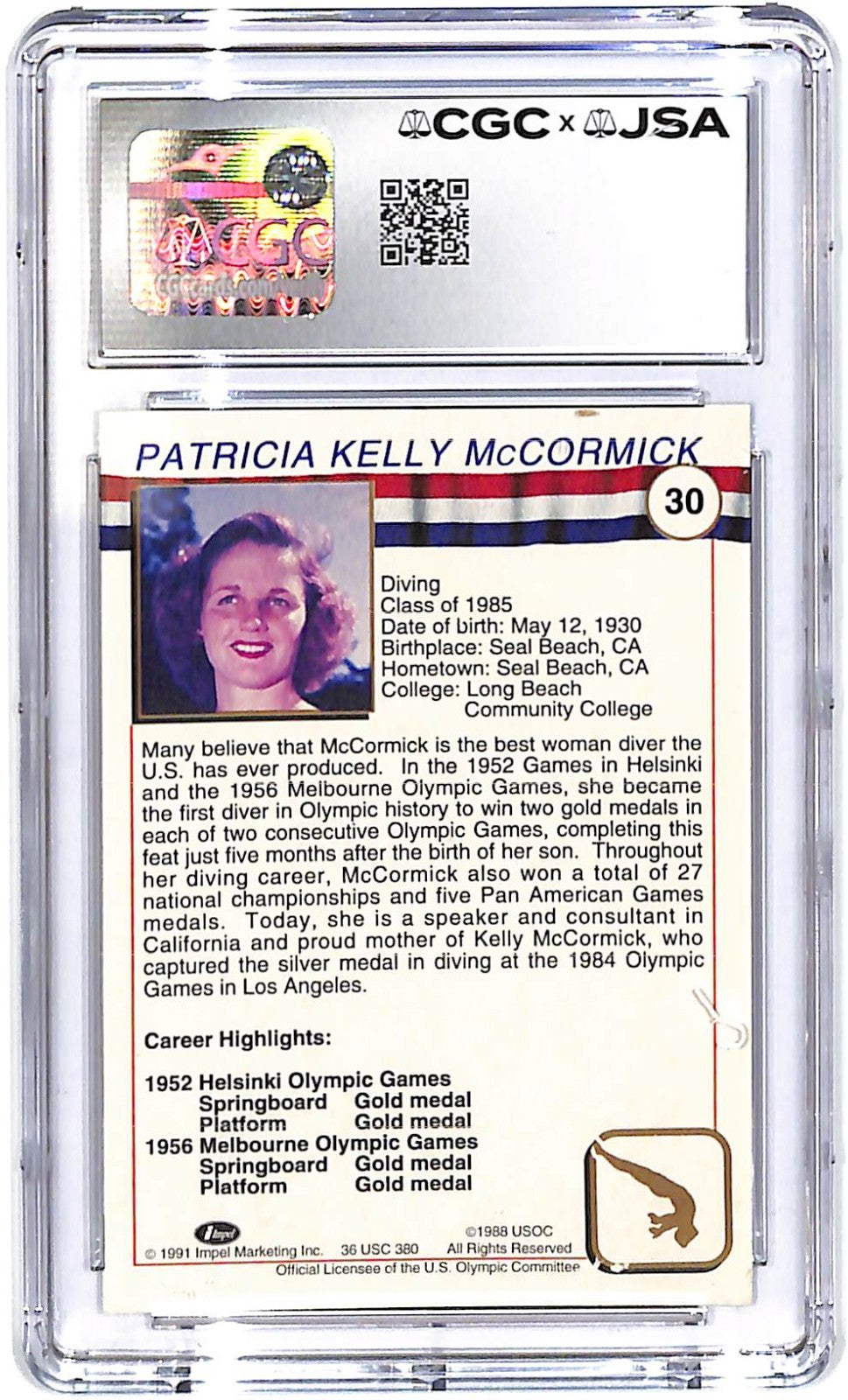 1991 Patrica McCormick Impel U.S. Olympic HOF #30 CGC - JSA Authentic Auto 9