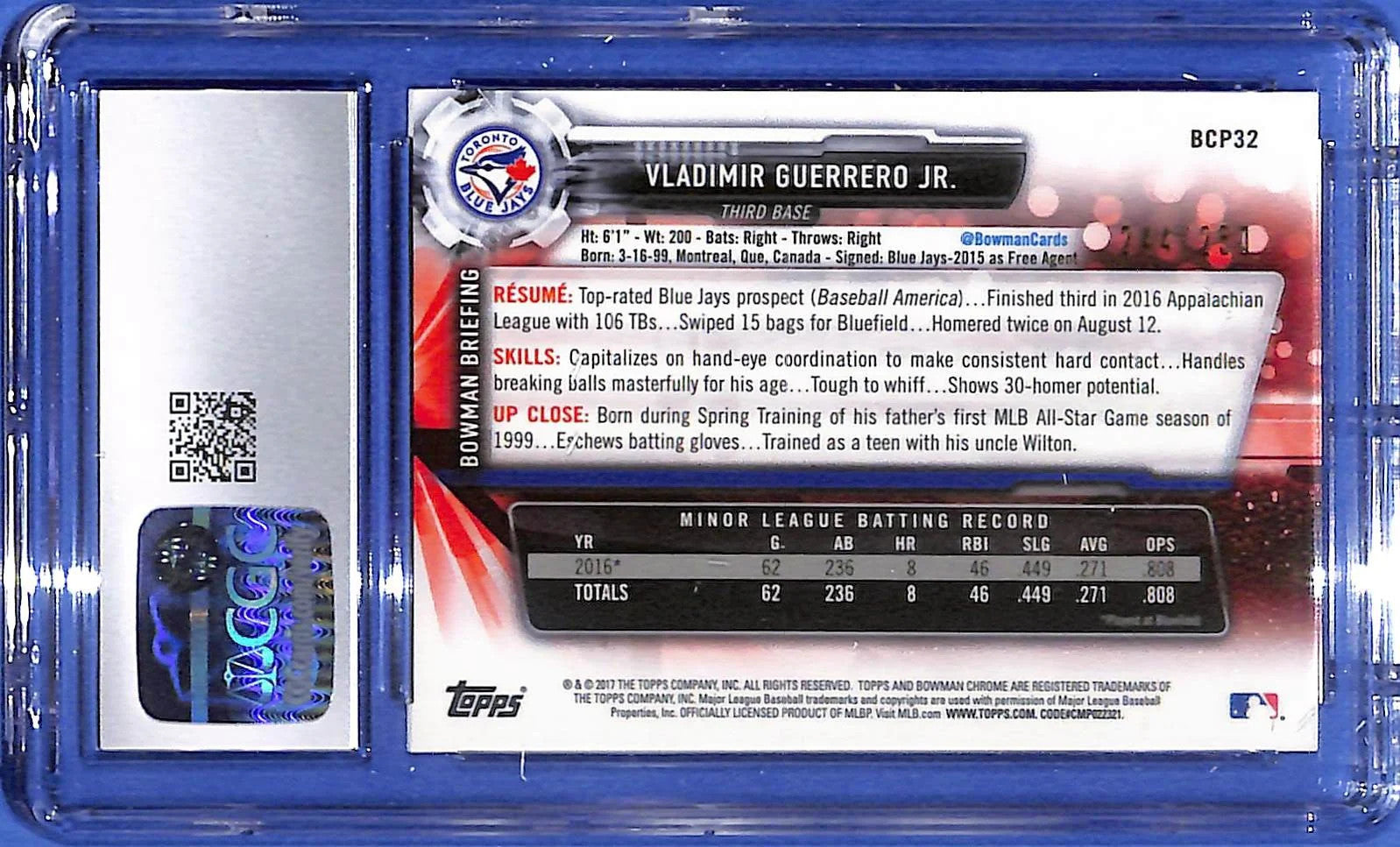 2017 Bowman Chrome Prospects Vladimir Guerrero Jr. RC #BCP32 Purple #/250 CGC 10