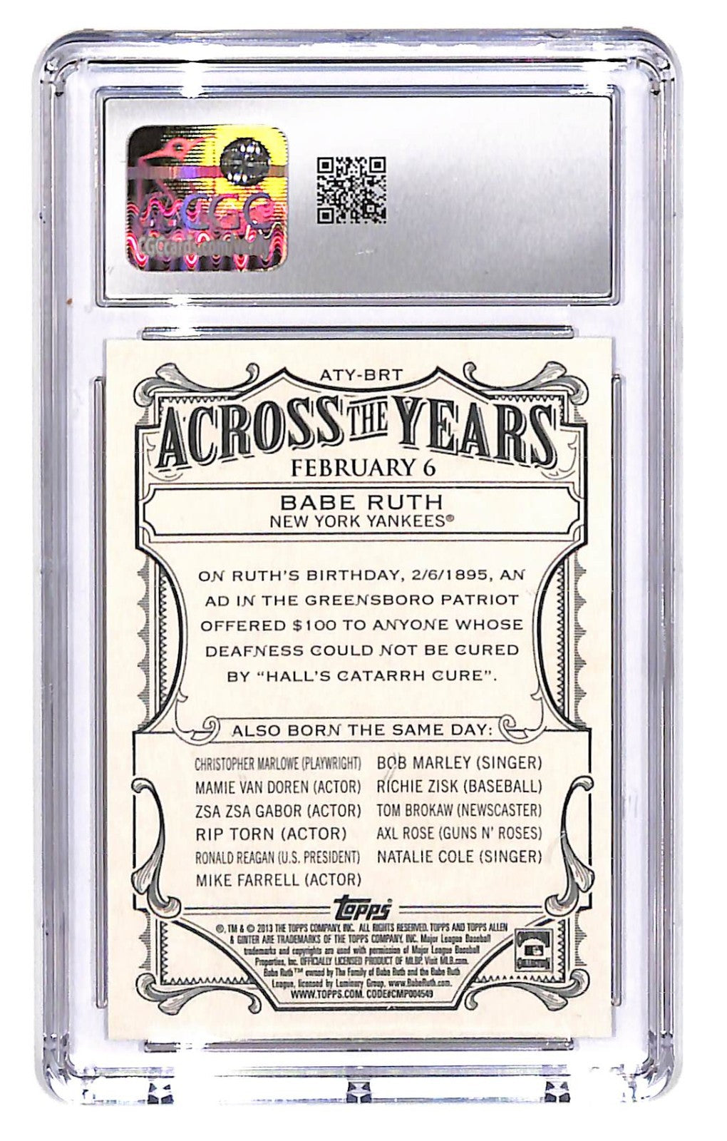 2013 Babe Ruth Topps Allen & Ginter Across the Years #ATY-BRT CGC Mint Plus 9.5