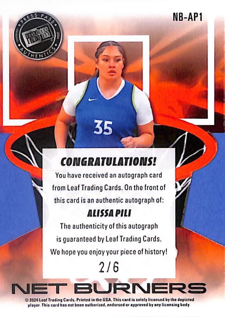 2024 Leaf Press Pass Alissa Pili Net Burners Die Cut Auto /6