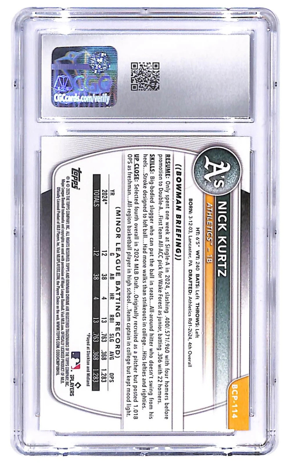 2025 Bowman - Chrome Prospects Nick Kurtz #BCP-114 X-Fractor CGC 10