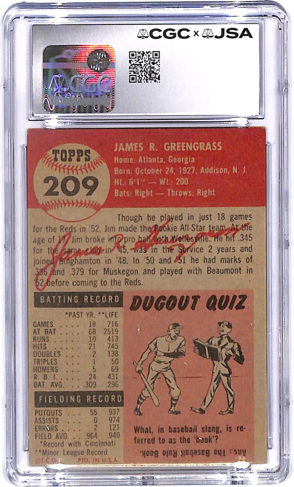 1953 Jim Greengrass Topps #209 AUTO (RC) CGC - JSA Authentic Auto 9