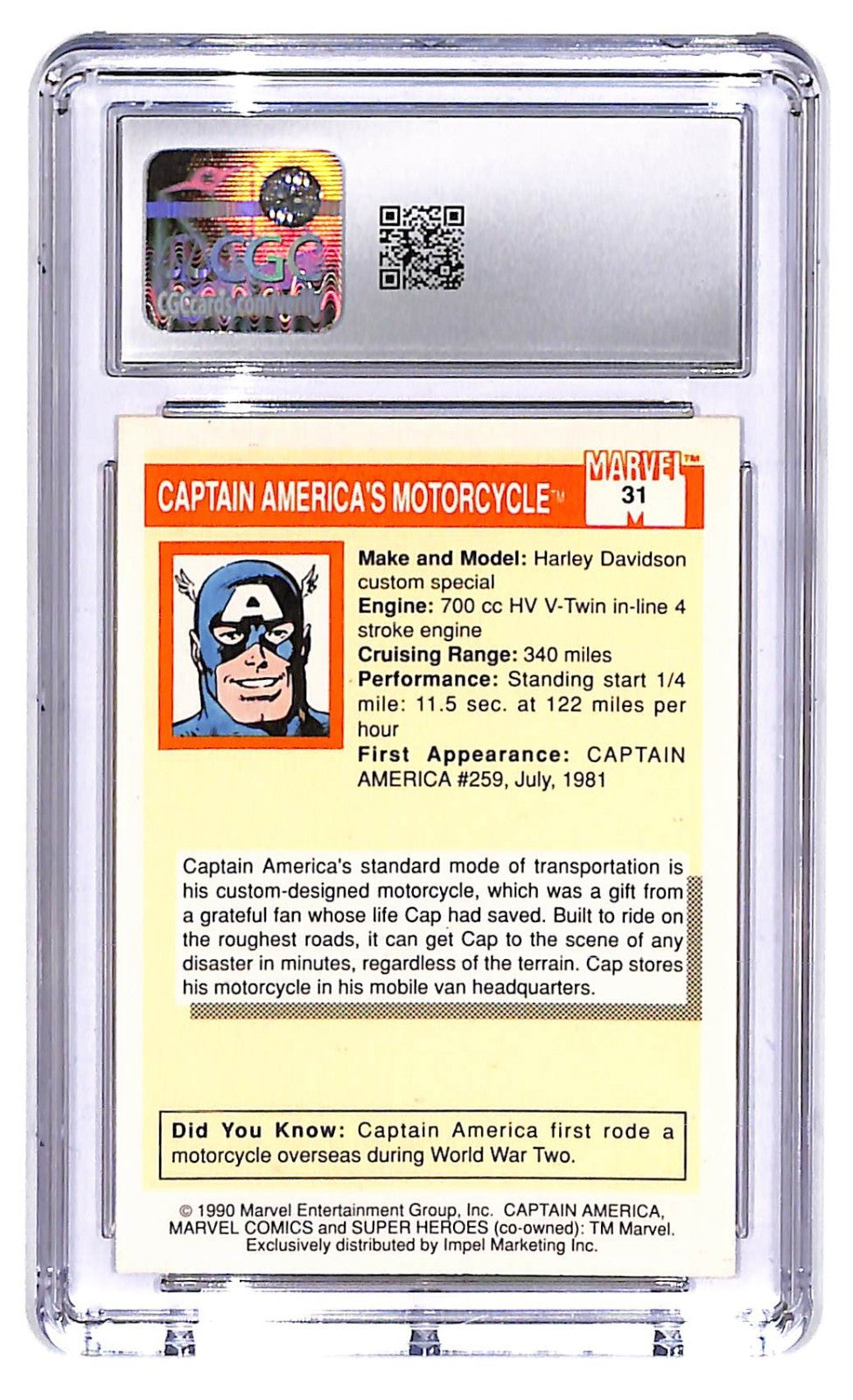 1990 Captain America's Motorcycle Marvel Universe Series One Impel #31 CGC 9.5