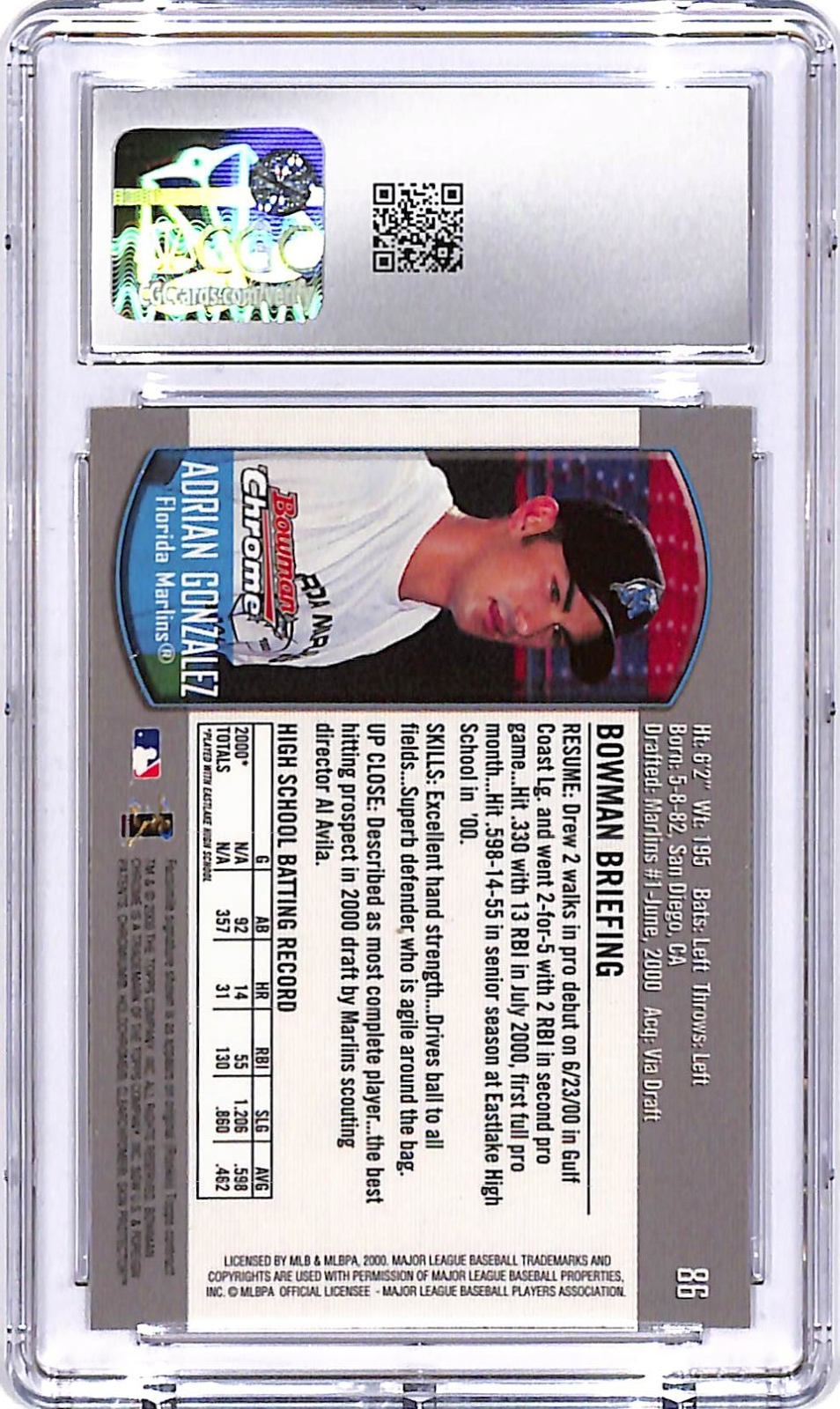 2000 Bowman Chrome Adrian Gonzalez Rookie RC #86 CGC 10 Marlins