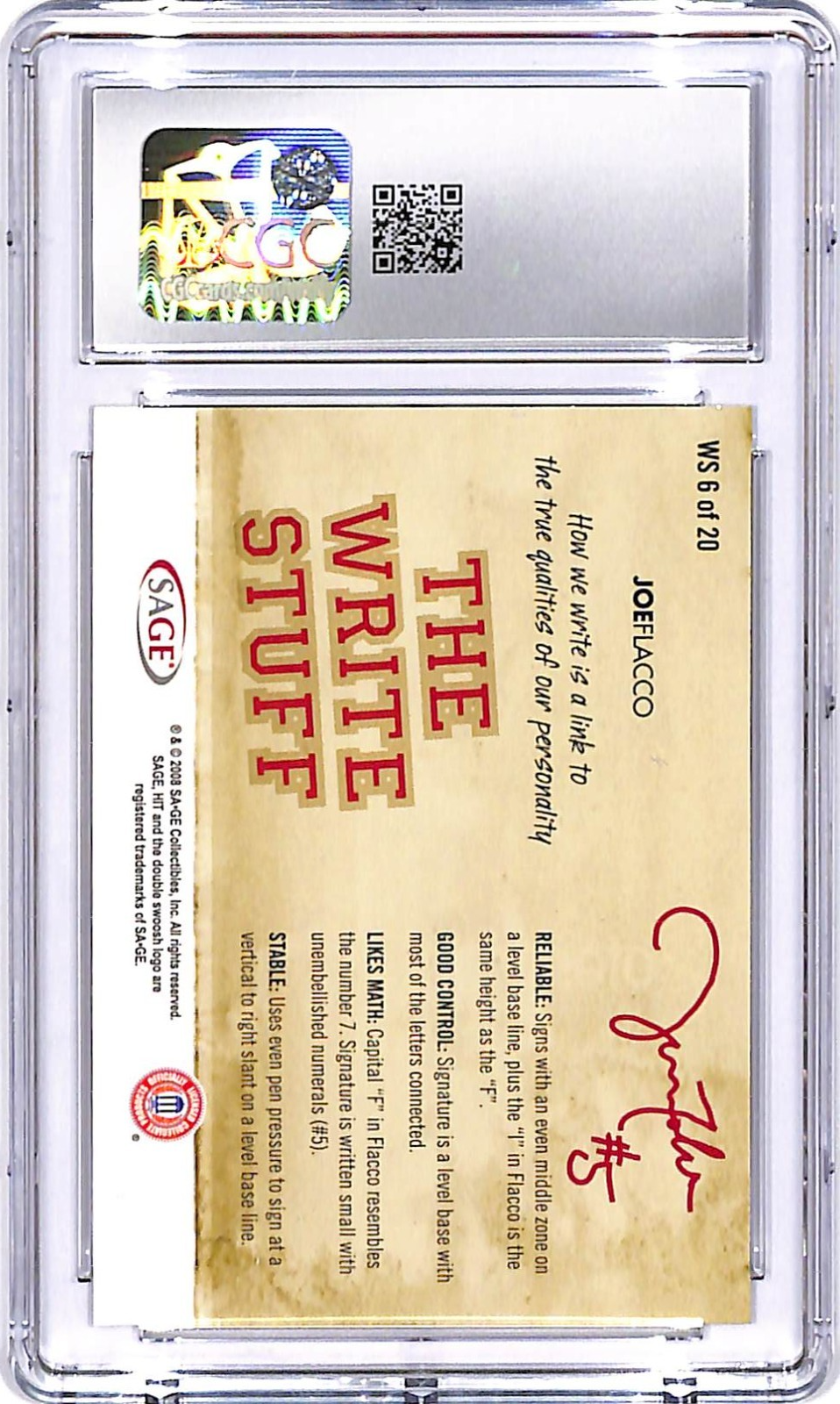 2008 Sage Hit Joe Flacco The Write Stuff Rookie RC WS6 CGC 10