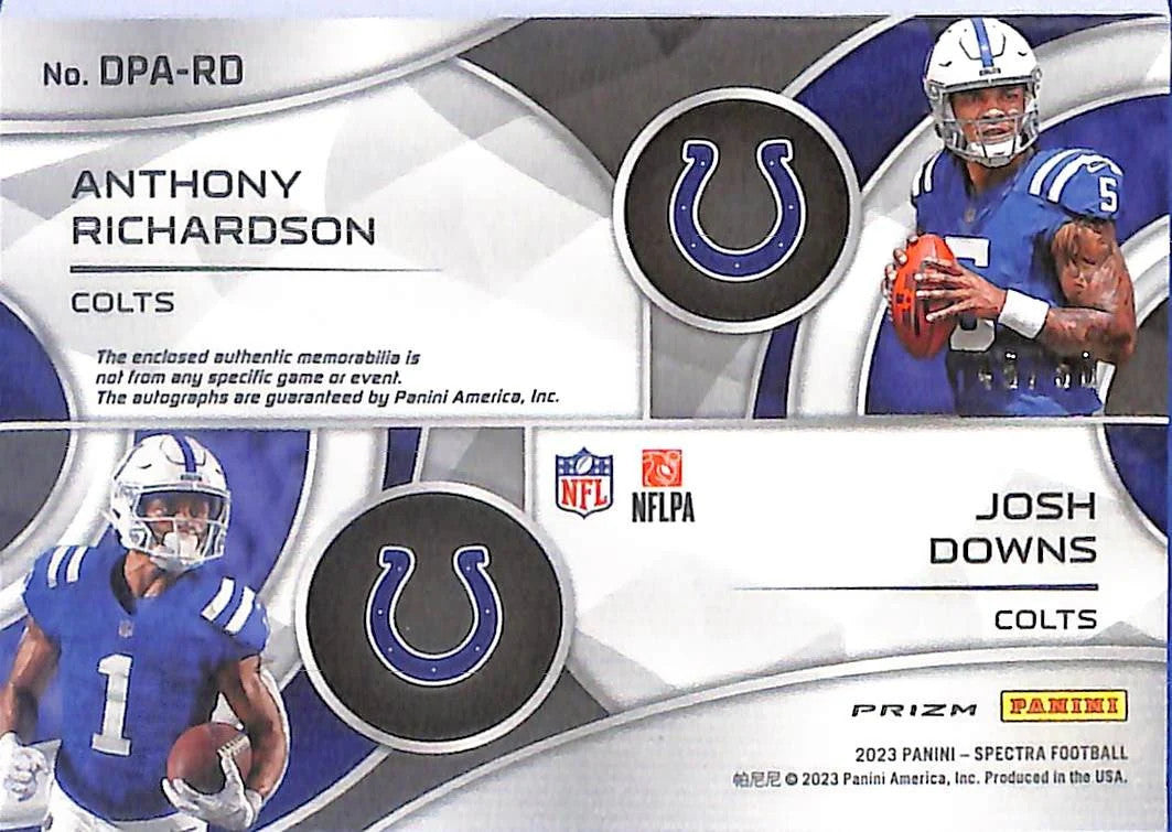 2023 Spectra Anthony Richardson Josh Downs Auto Autograph Rookie RC Patch /50
