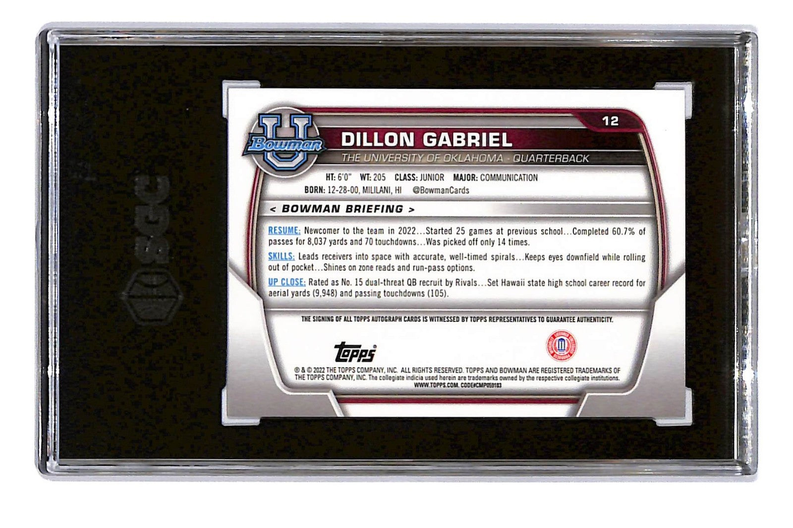 2022 Bowman U Chrome Prospect Autographs Dillon Gabriel #12 Auto SGC 10/10 Auto