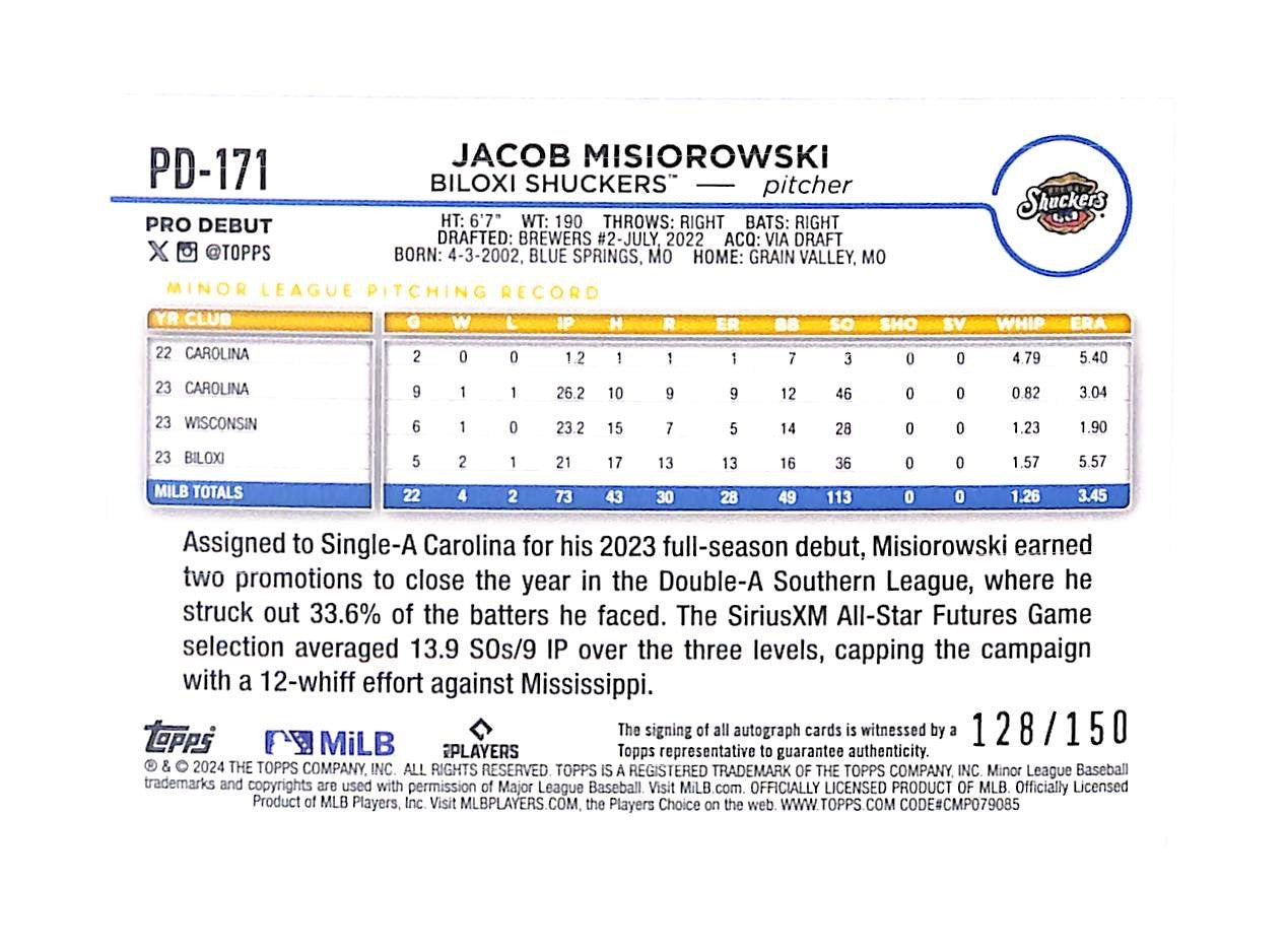 2024 Jacob Misiorowski Topps Pro Debut Blue Auto - PD-171 #128/150