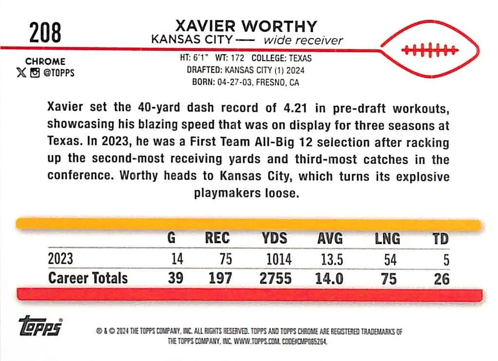 2024 Topps Chrome Xavier Worthy Rookie RC Red Refractor /5 Chiefs
