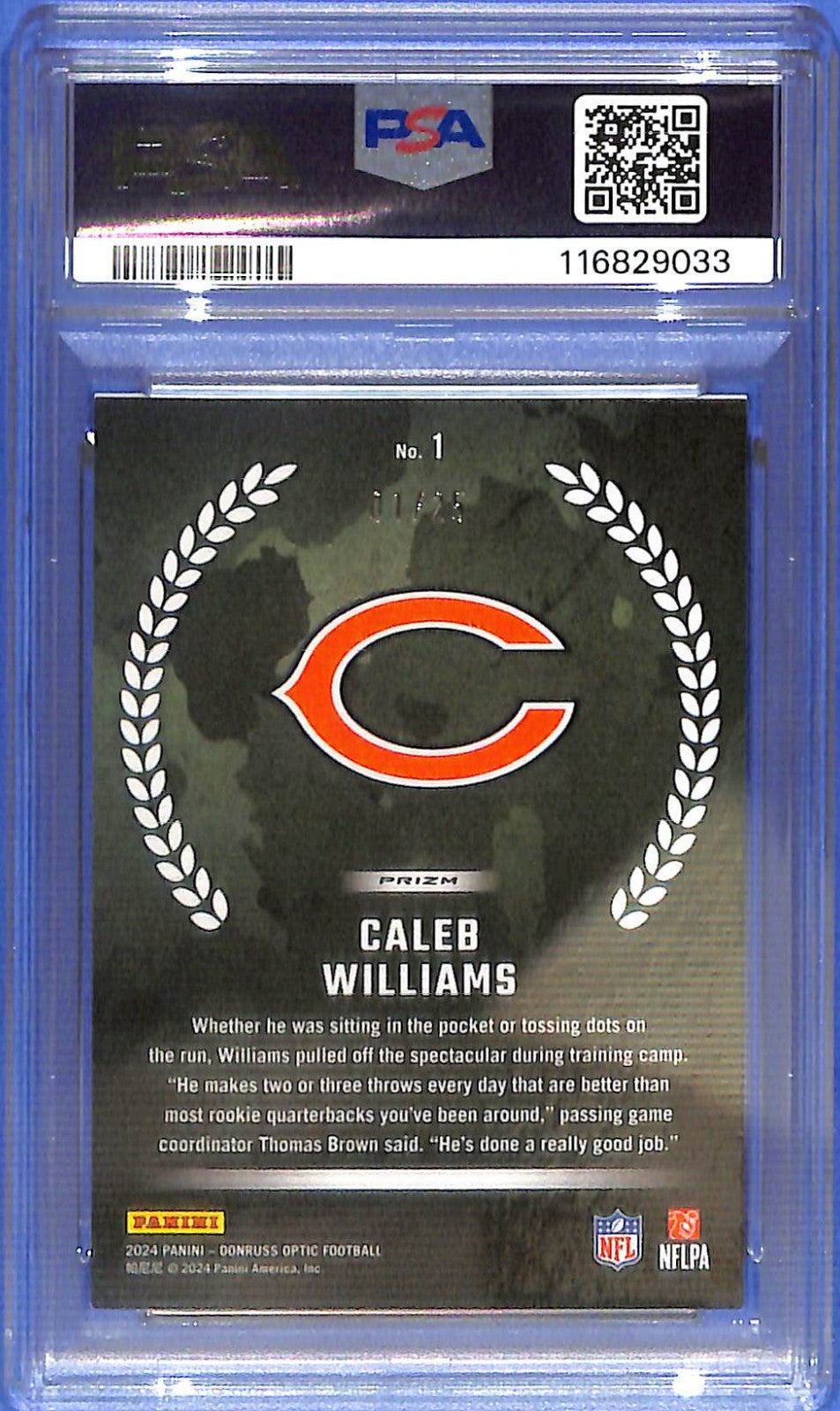 2024 Donruss Optic Caleb Williams Rookie Recruits RC Black Pandora /25 PSA 8